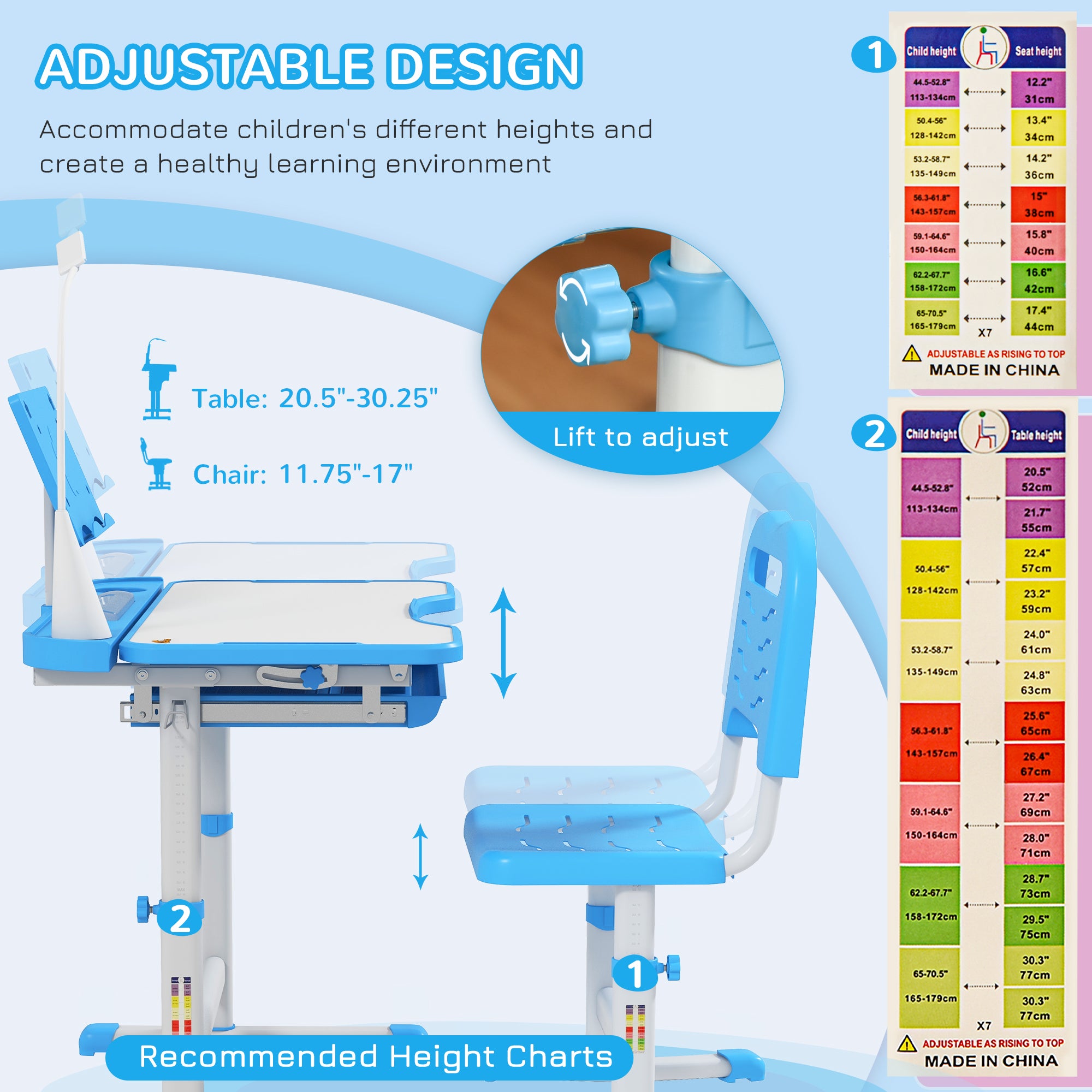 Kids Desk and Chair Set with USB Light, Storage Drawer, Blue