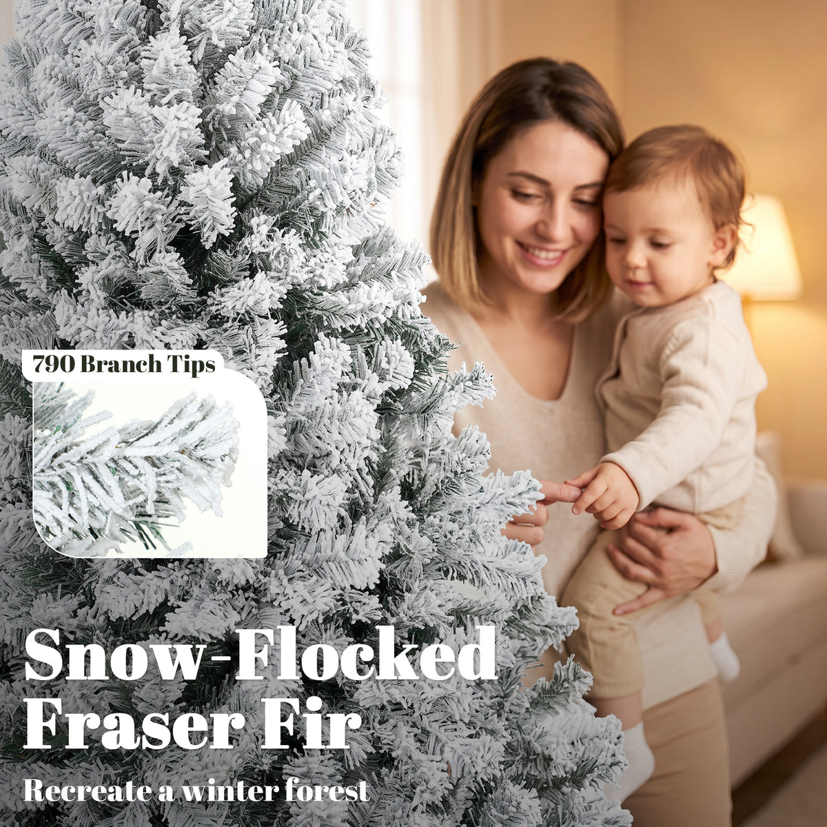 6ft Flocked Prelit Christmas Tree, Fraser Fir, Hinged Xmas Tree with LEDs, Foldable Metal Base, Green White