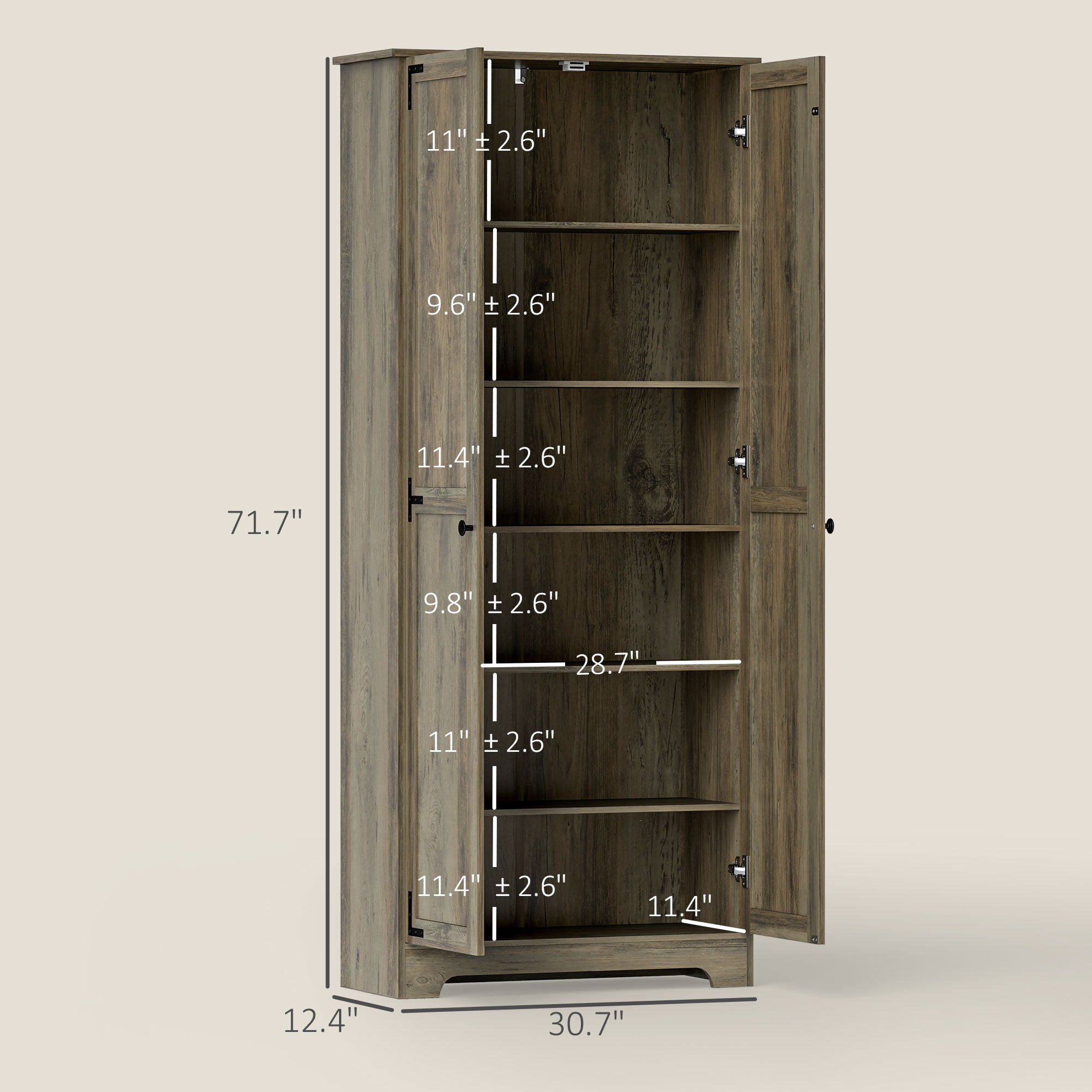 72" Farmhouse Pantry Cabinet, Freestanding Food Pantry Cabinet with Adjustable Shelves, Distressed Gray