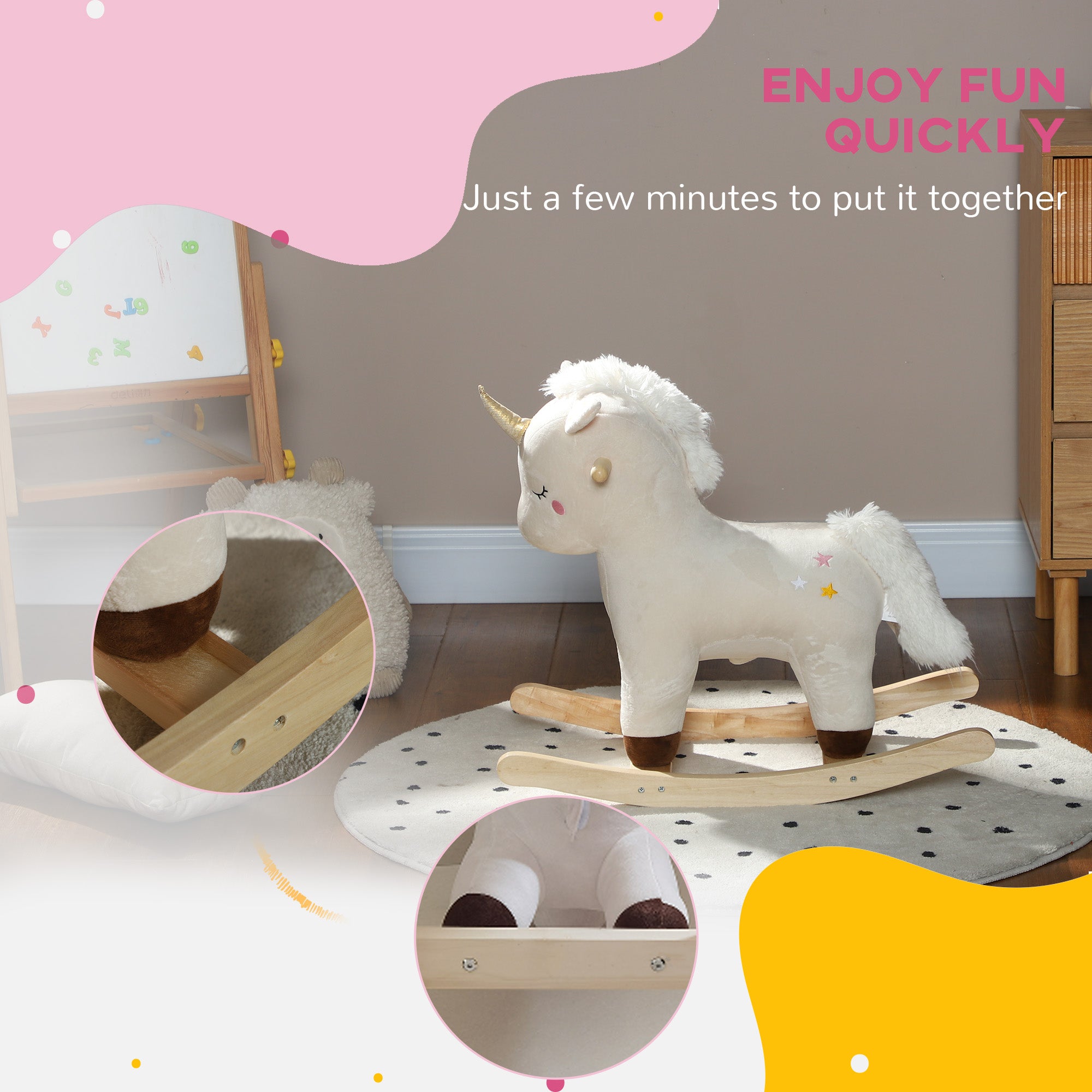 Kids Rocking Horse, Ride on Unicorn with Realistic Sounds & Wooden Base for Years 2-4, White