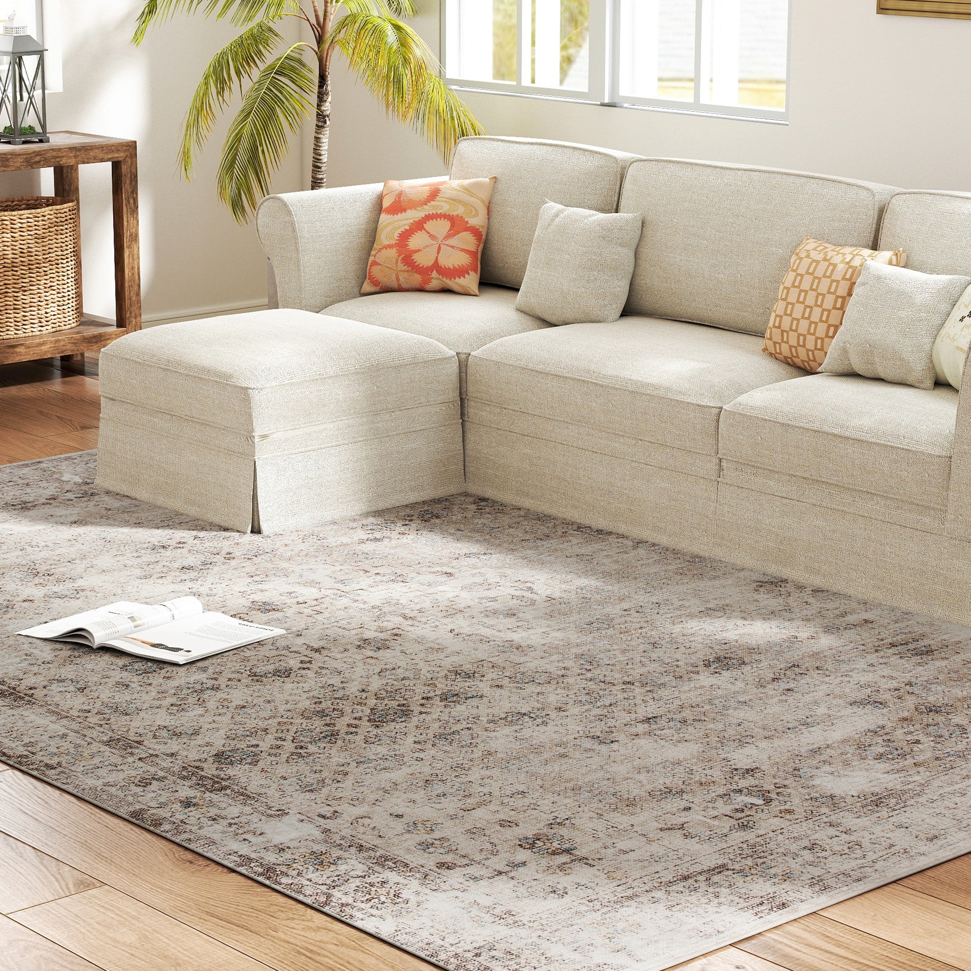 Machine Washable Area Rug 8x10, Non-Slip Traditional Floor Carpet for Living Room, Bedroom, Light Mixed-Brown
