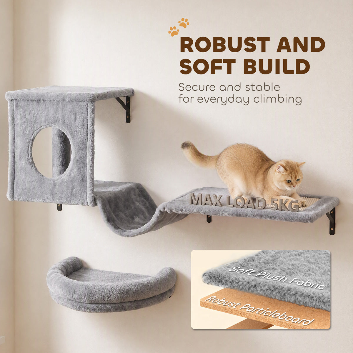 3-In-1 Cat Wall Shelves with Condo, Bed, Hammock, Scratching Post and Spring Ball, Gray