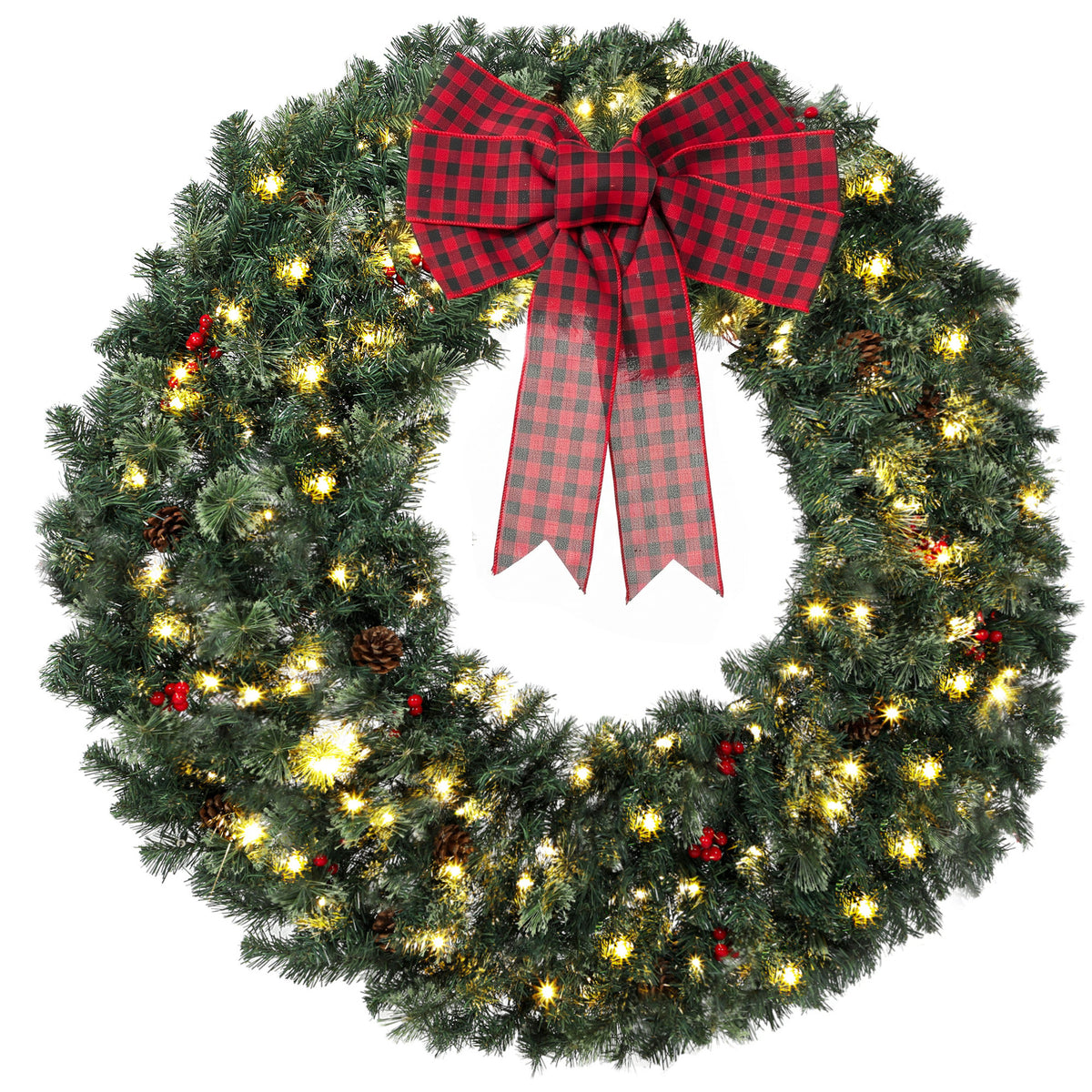 48" Prelit Crestwood Spruce Artificial Christmas Wreath, Christmas Decor with Bow, 8 Modes, Red Berries, Pinecones