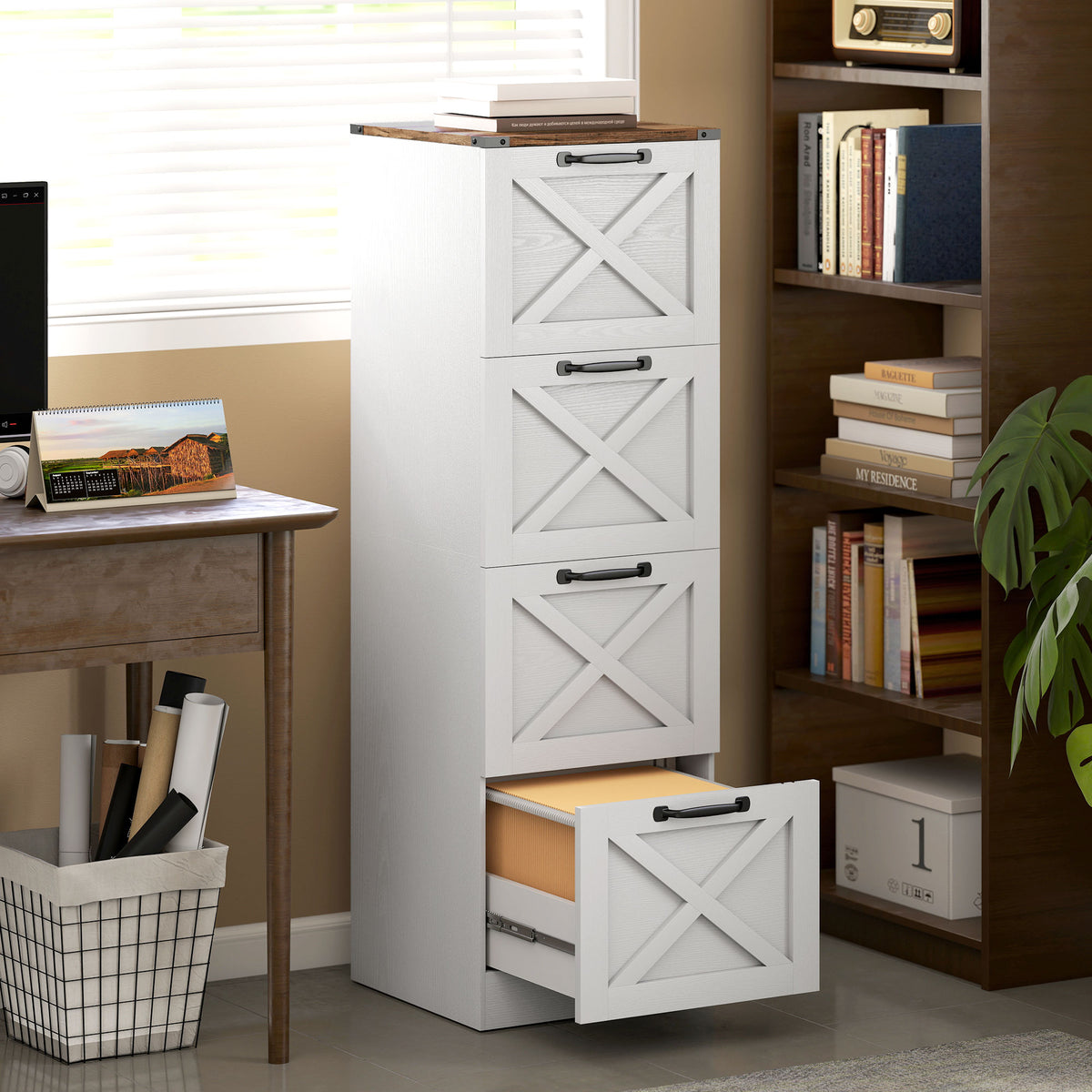 Vertical Storage Drawers Farmhouse X Pattern Printer Stand Fits Letter Files 4 Drawers White