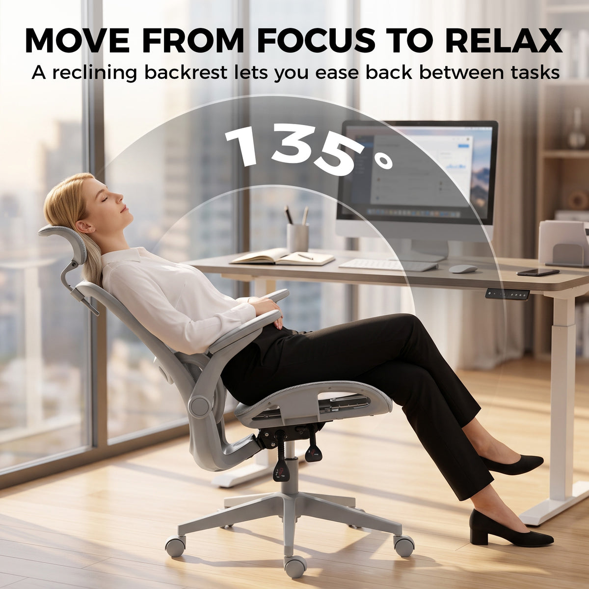 Ergonomic Office Chair with Adaptive Lumbar Support, Reclining Mesh Desk Chair with 2D Headrest, Flip-Up Arms, Gray