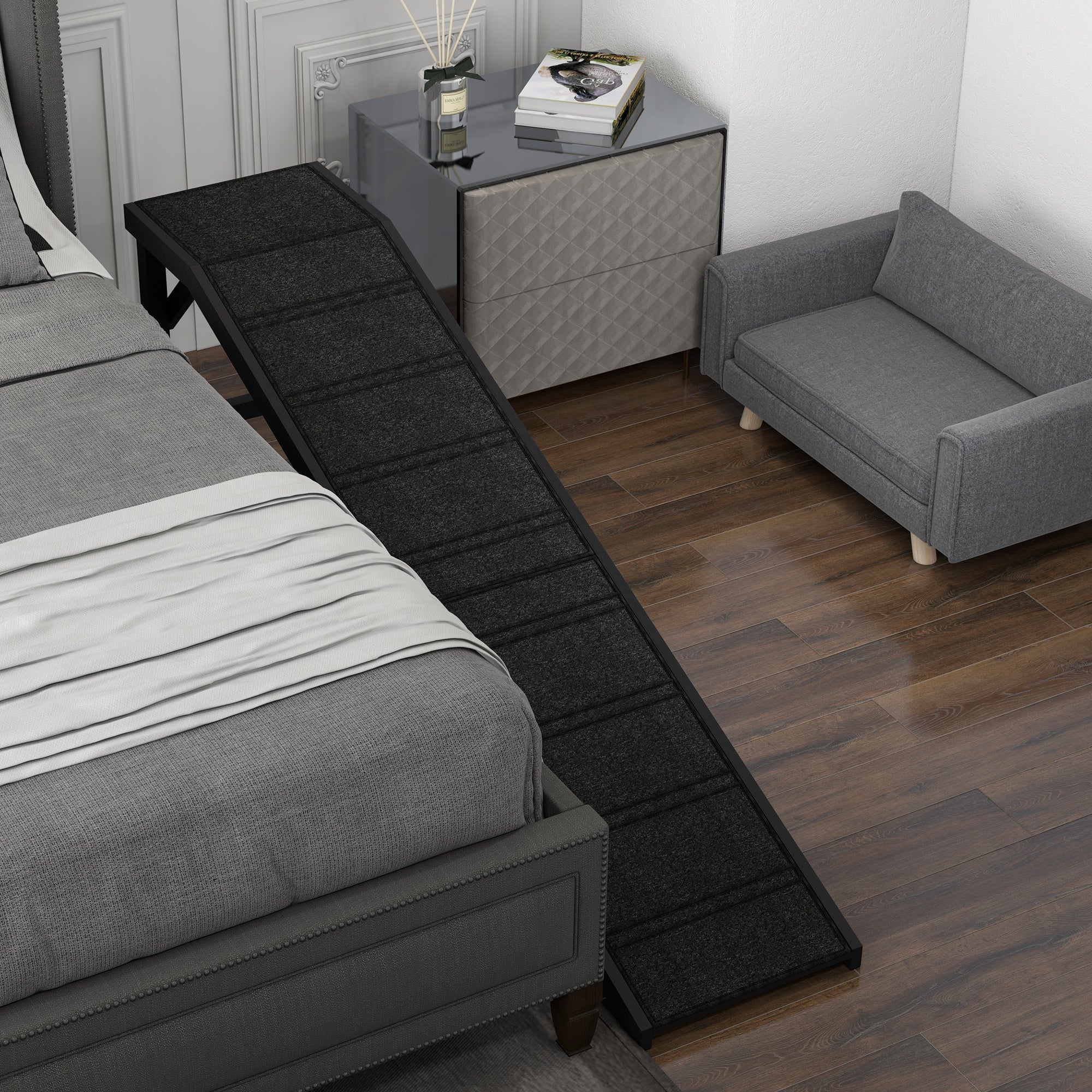 Dog Ramp w/ Non-Slip Carpet and Top Platform, 74" x 16" x 25", Black - Black - Image 7