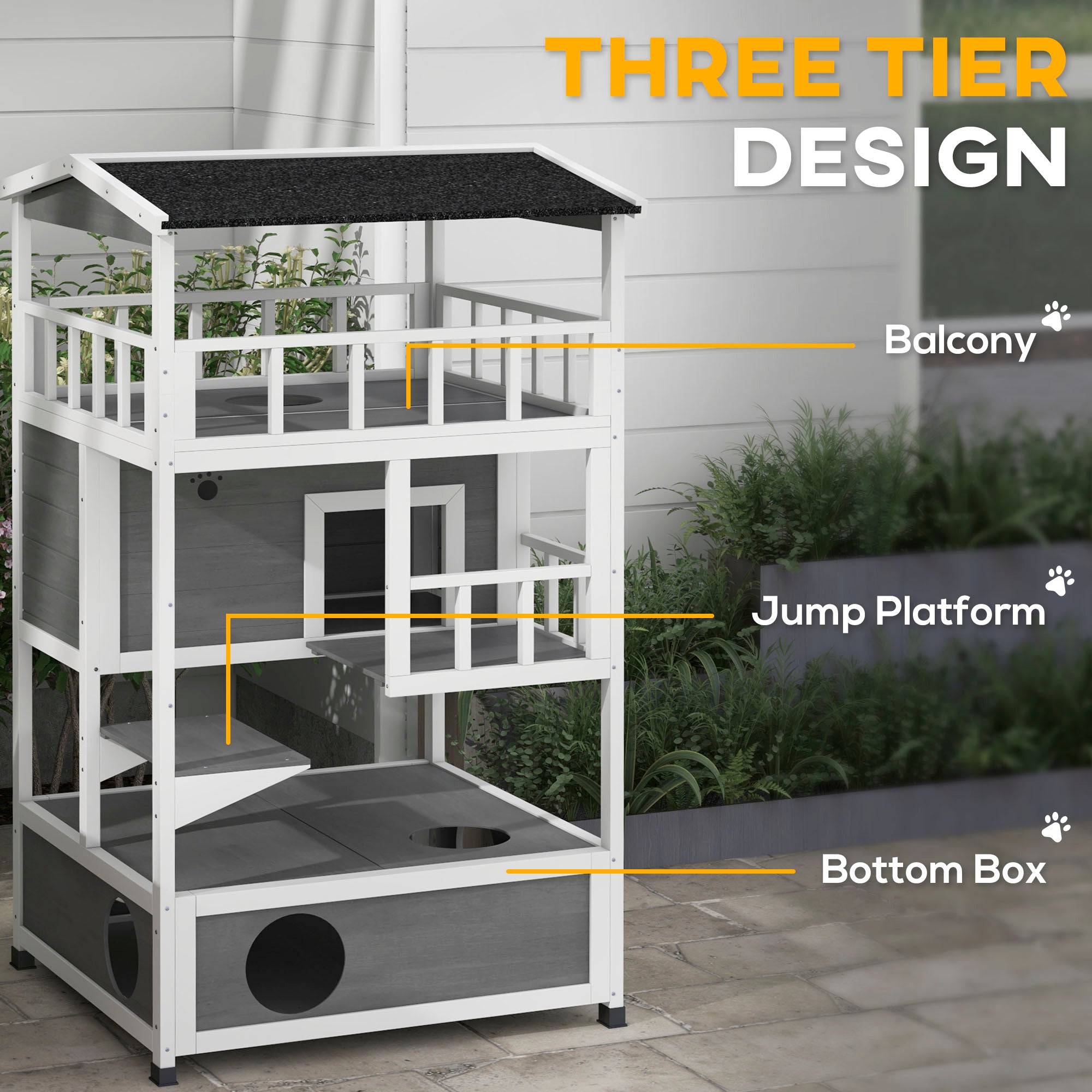 Wooden Outdoor Cat House with Asphalt Roof, Escape Doors, Condo, Jumping Platform, Light Gray - Light Gray - Image 4