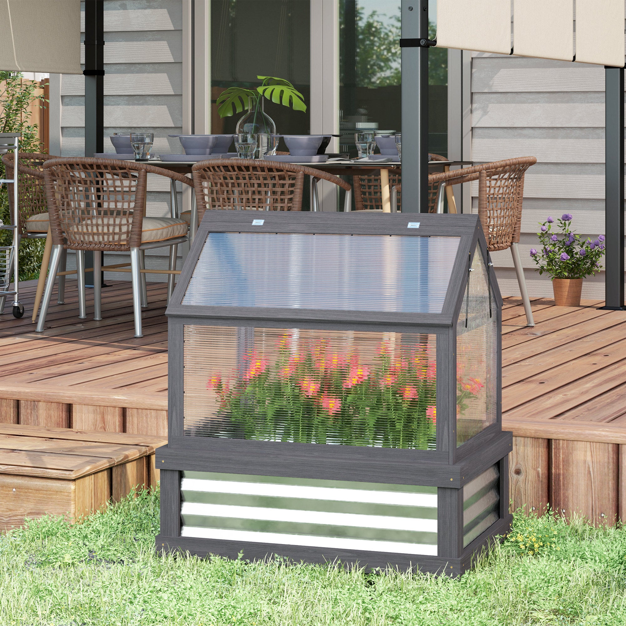Raised Garden Flower Bed Kit with Greenhouse, Wooden Cold Frame Planter, 35.5" x 22.5" x 38.25", Gray - Gray - Image 2