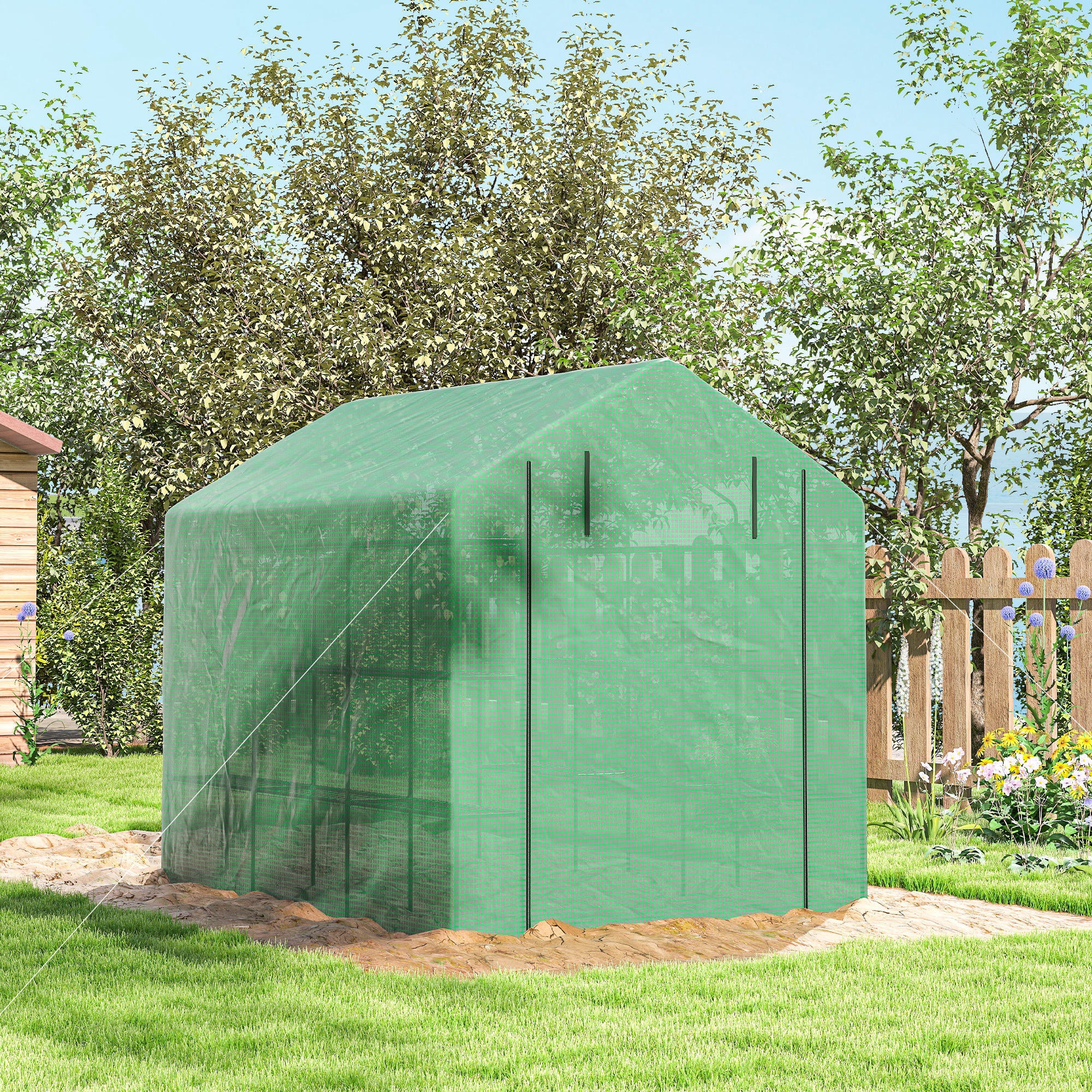 Outdoor Walk-in Greenhouse with Roll-up Zipper Door, 18 Shelves, PE Cover, 95.25" x 70.75" x 82.75", Green - Green - Image 8