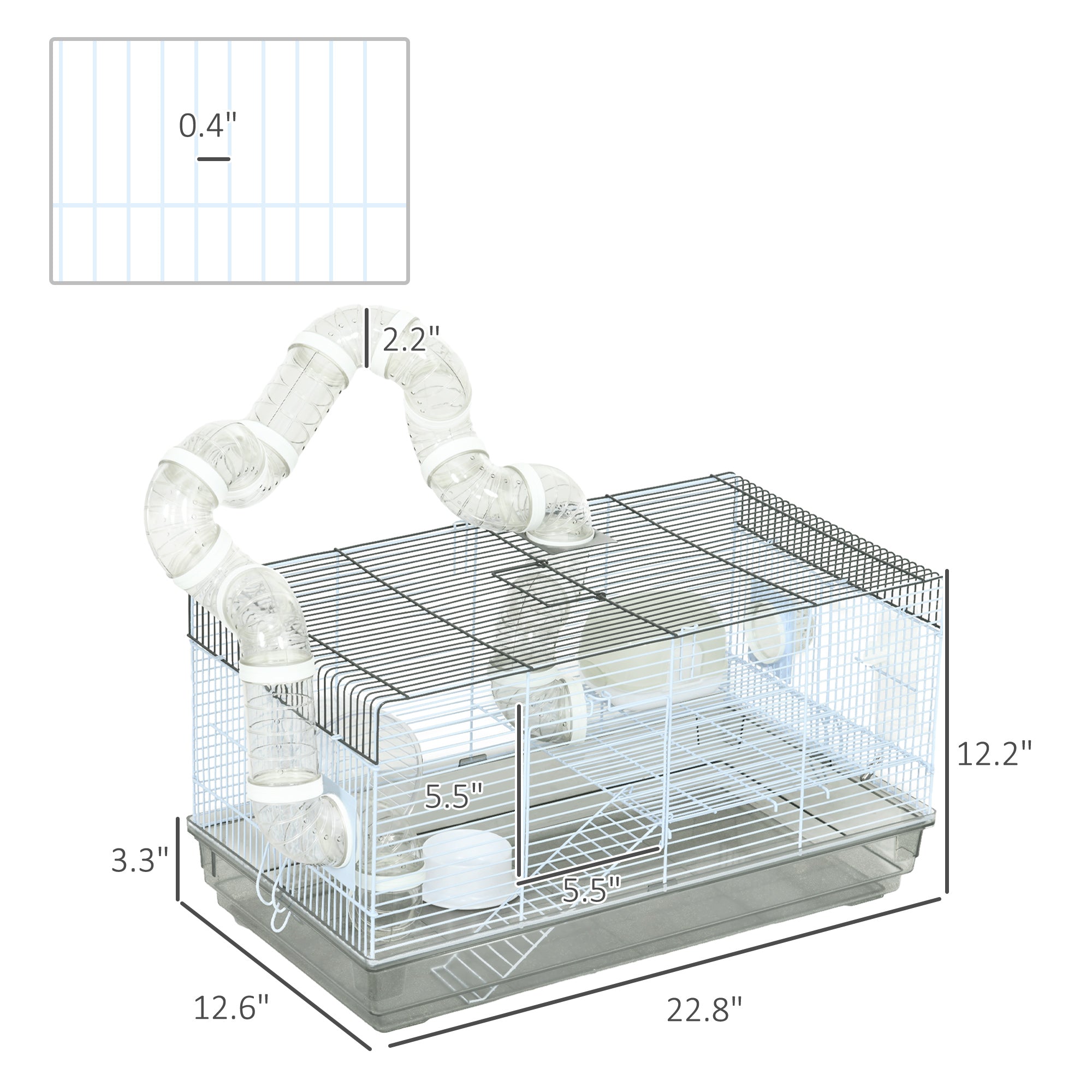 Small Animal Cage for Gerbil or Dwarf Hamster w/ Tubes, Exercise Wheel, Food Dish, Water Bottle, 23" x 13" x 12", Gray - Gray - Image 3