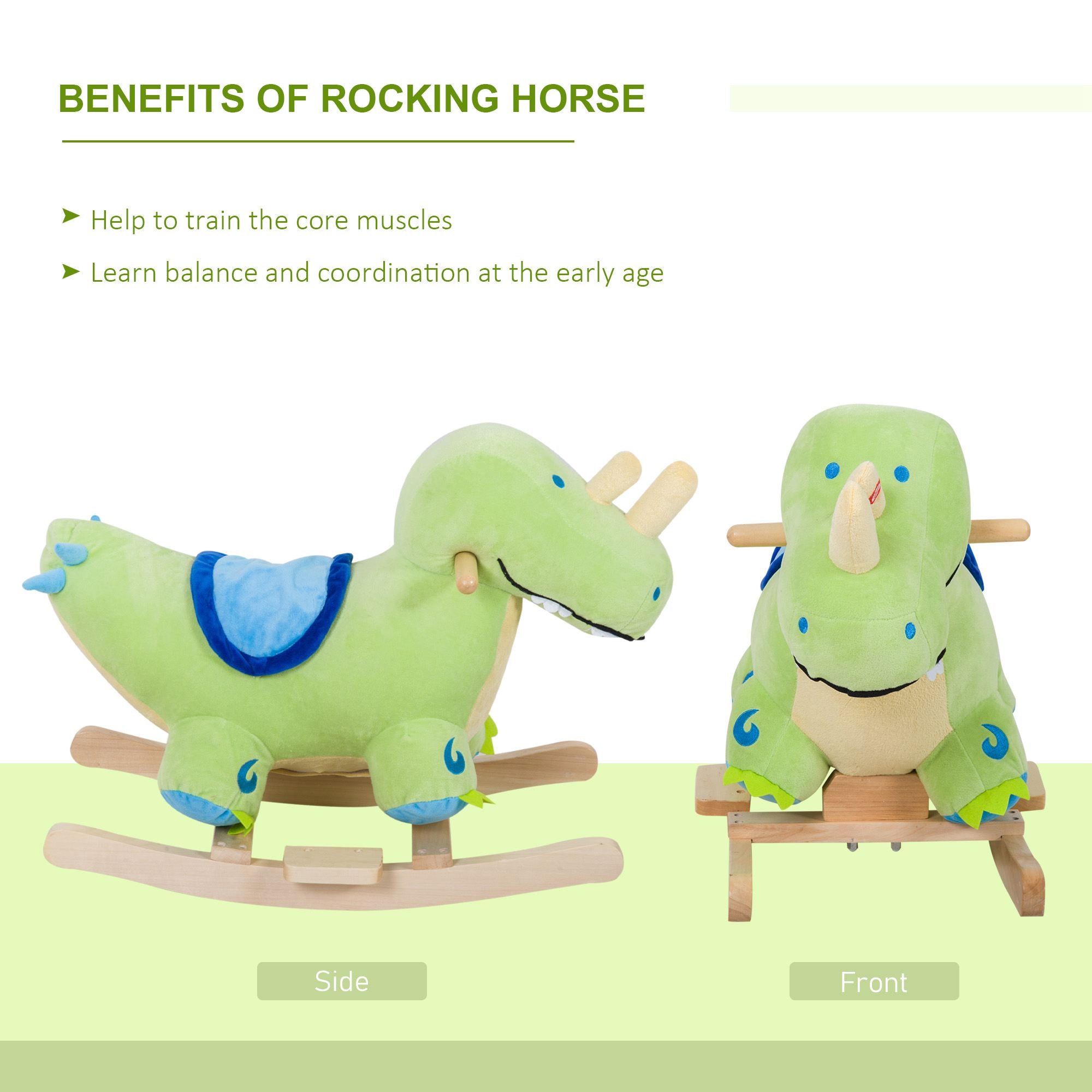 Kids Plush Ride-On Rocking Horse Toy Dinosaur Ride on Rocker Green with Realistic Sounds