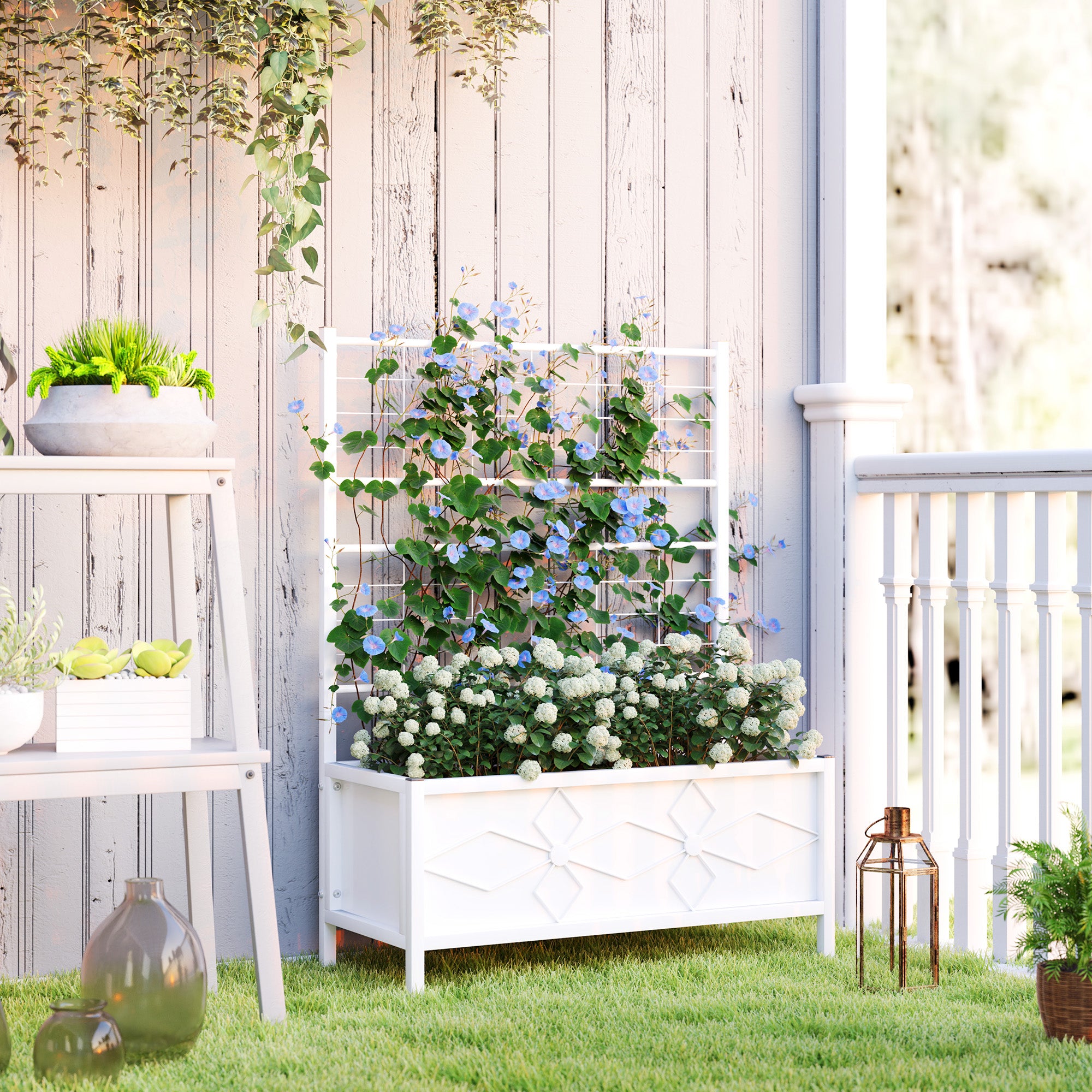 Outdoor Planter Box Galvanized Raised Garden Bed with Trellis for Climbing Vines, 35.4" x 15.7" x 47.2", White - White - Image 2