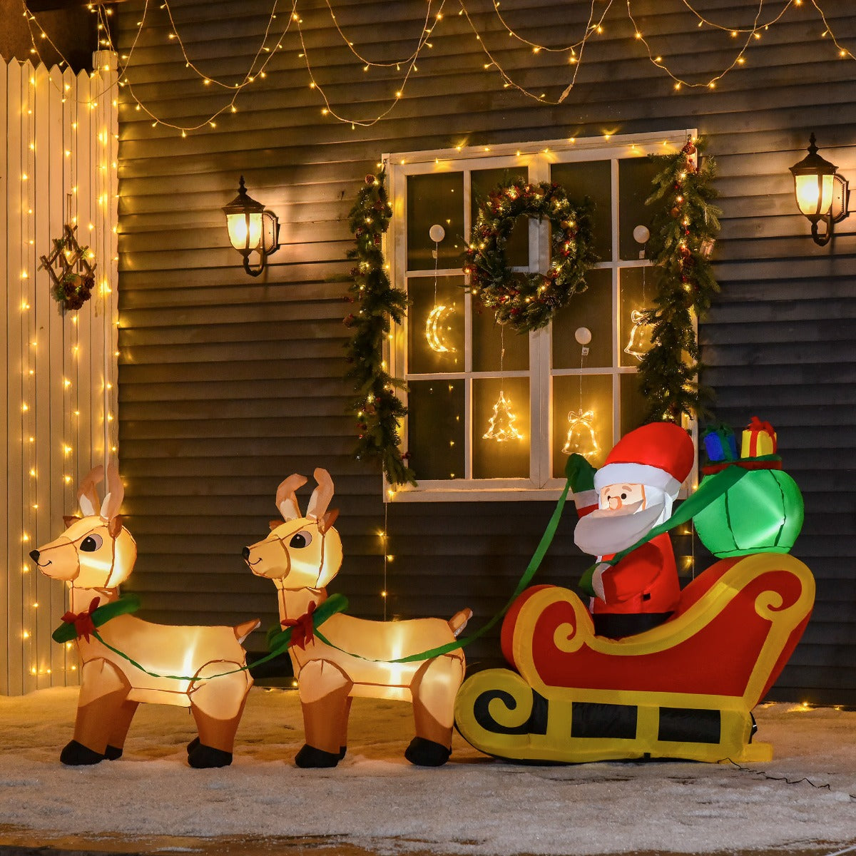 8ft Long Christmas Inflatable Santa Claus with Sleigh and Reindeer, Outdoor Blow-Up Yard Decoration with LED Lights Display