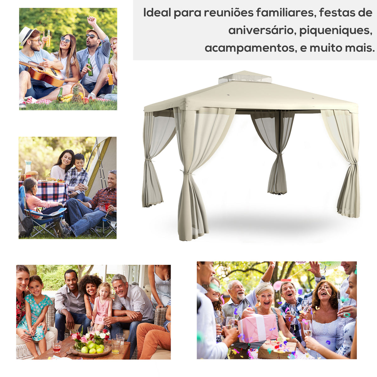9.6' x 11.6' Patio Gazebo Outdoor Canopy Shelter with 2-Tier Roof and Netting, Steel Frame for Garden, Cream White