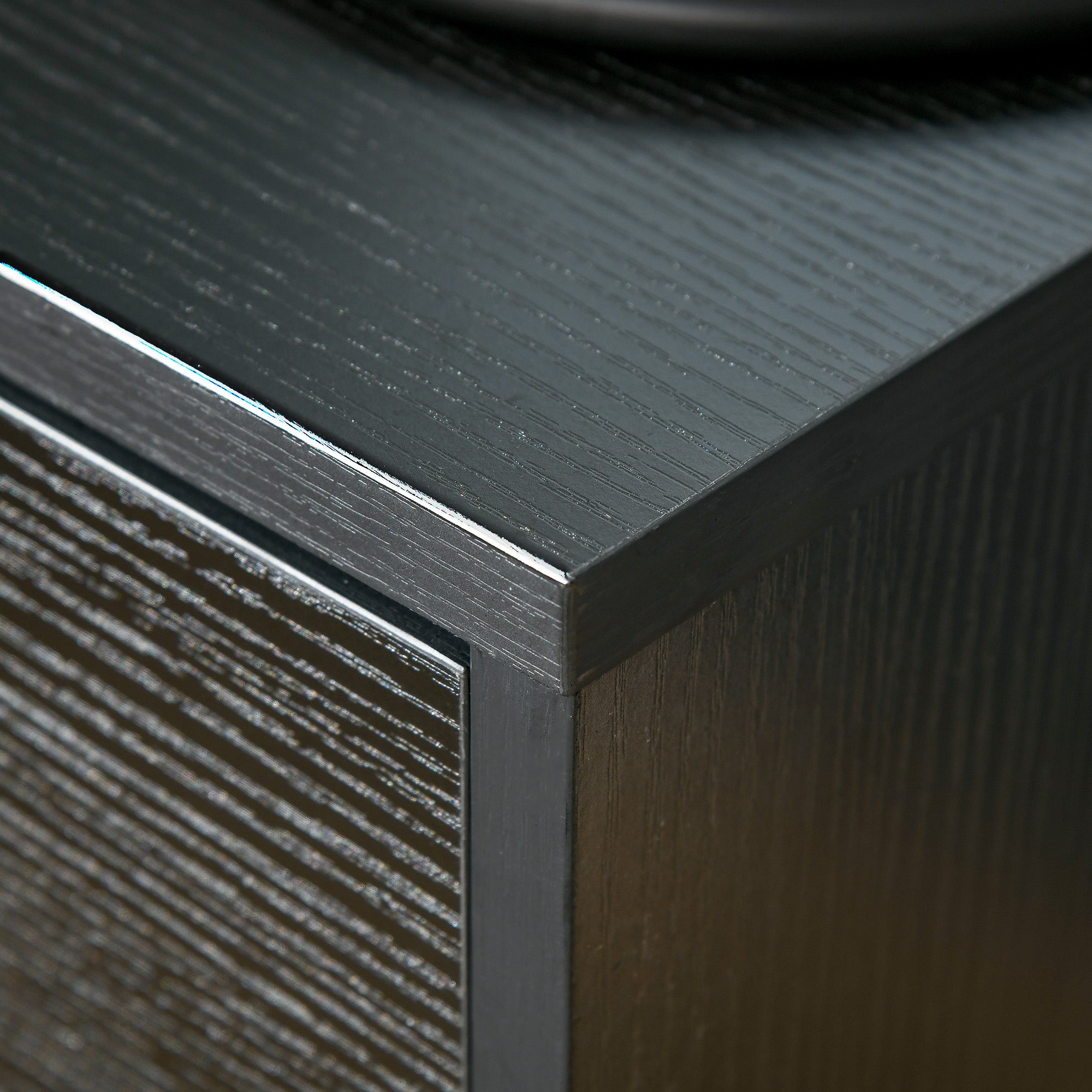 Modern Side Table with Drawer and Storage Shelf, End Table for Living Room, Black Wood Grain
