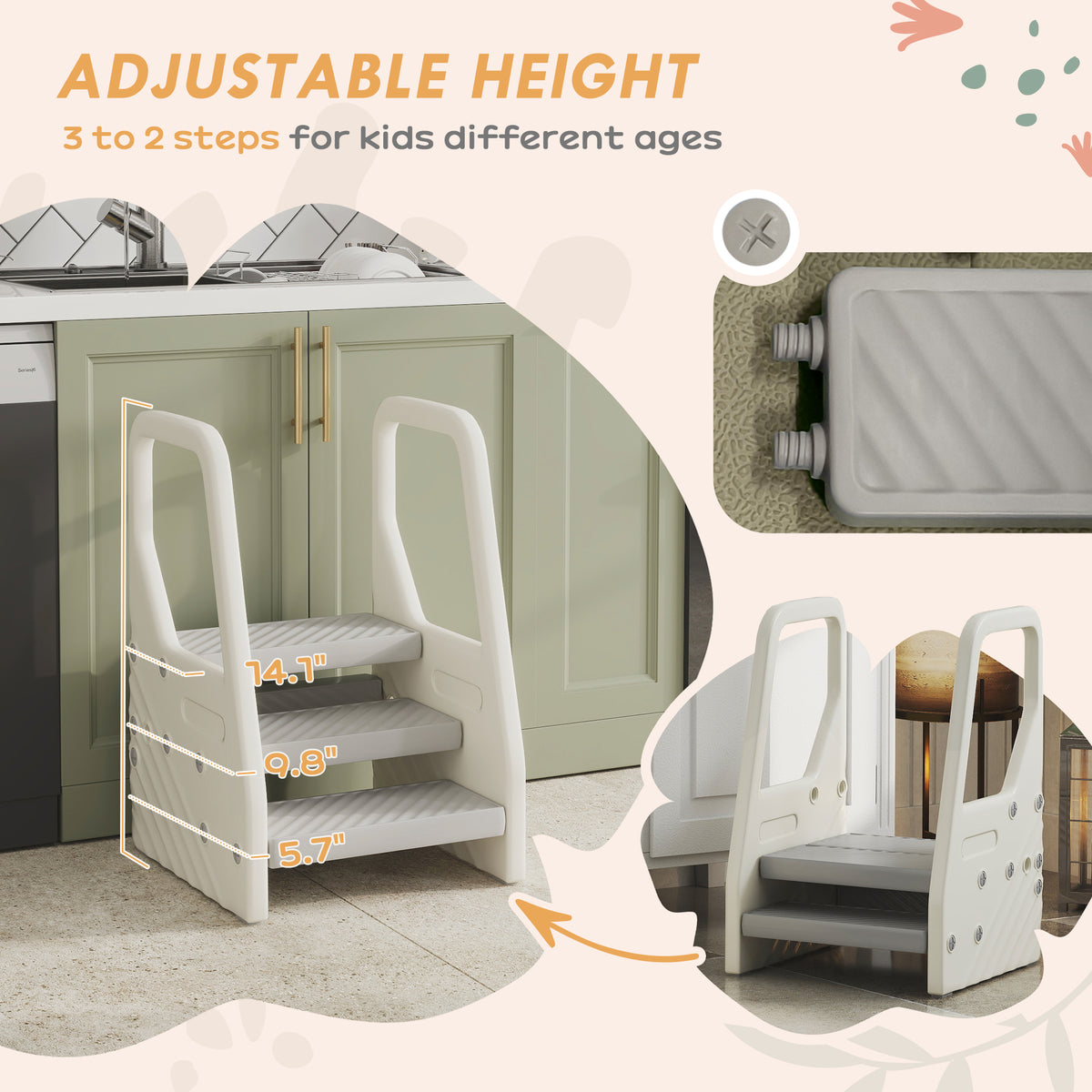 Qaba Adjustable 3 Step Toddler Tower with Handles, Non-slip Surface & Foot Pads, Gray
