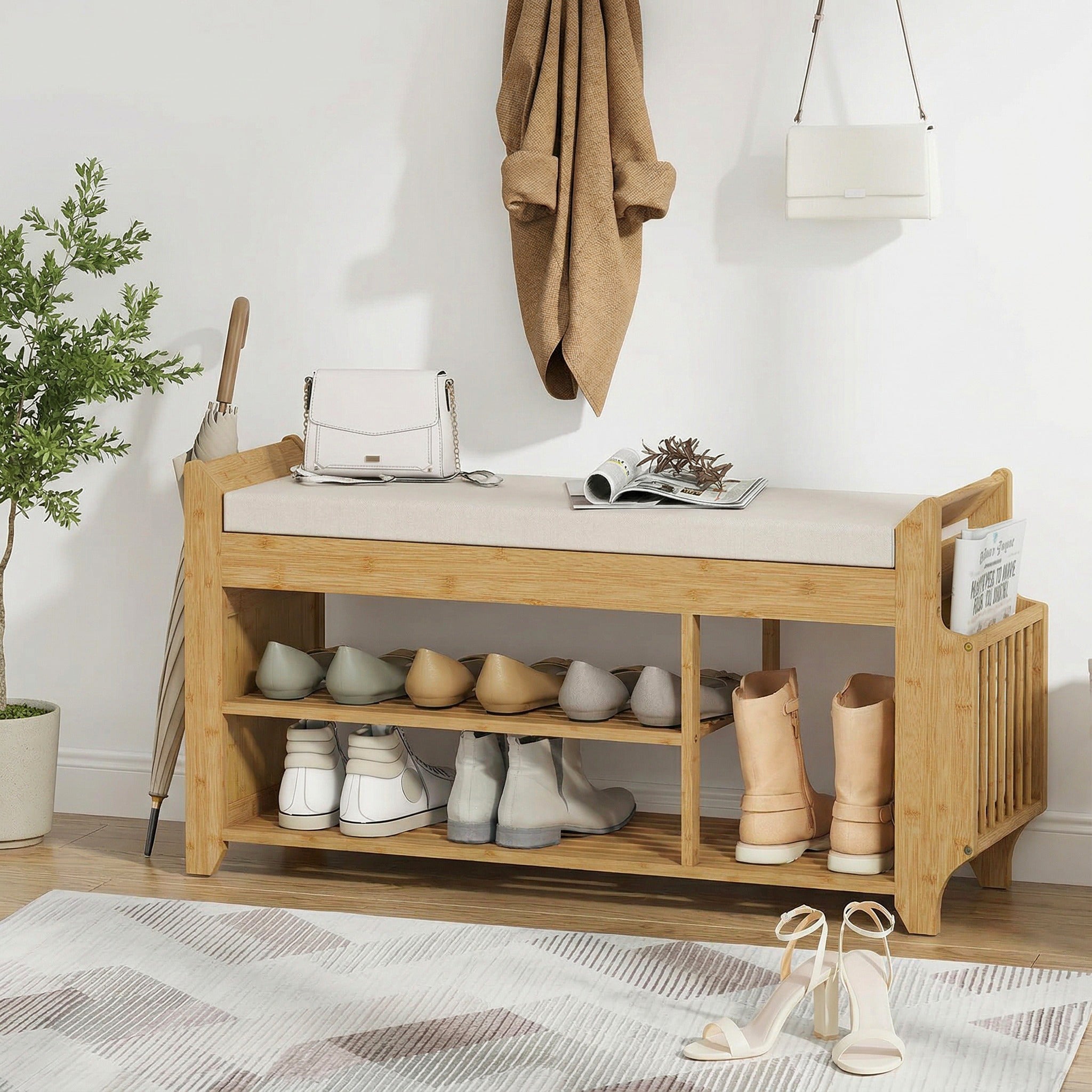 Shoe Bench with Cushioned Seat Shoe Storage Bench with Side Umbrella Holder for Entryway Natural and Cream