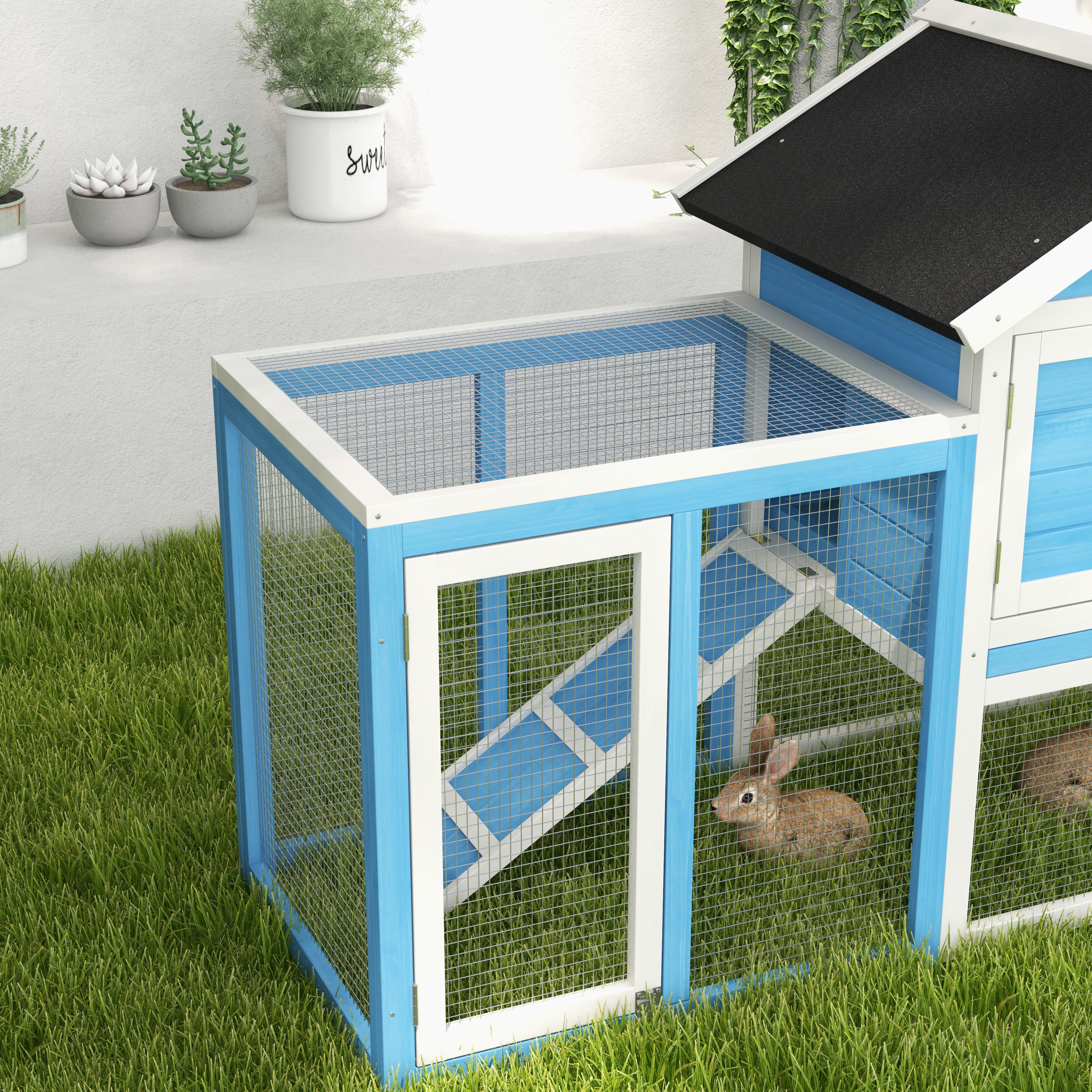 48" Wooden Rabbit Hutch Bunny Cage with Waterproof Asphalt Roof, Fun Outdoor Run, Removable Tray and Ramp, for Rabbits, Chickens, Ducks, Light Blue - Sky Blue - Image 8