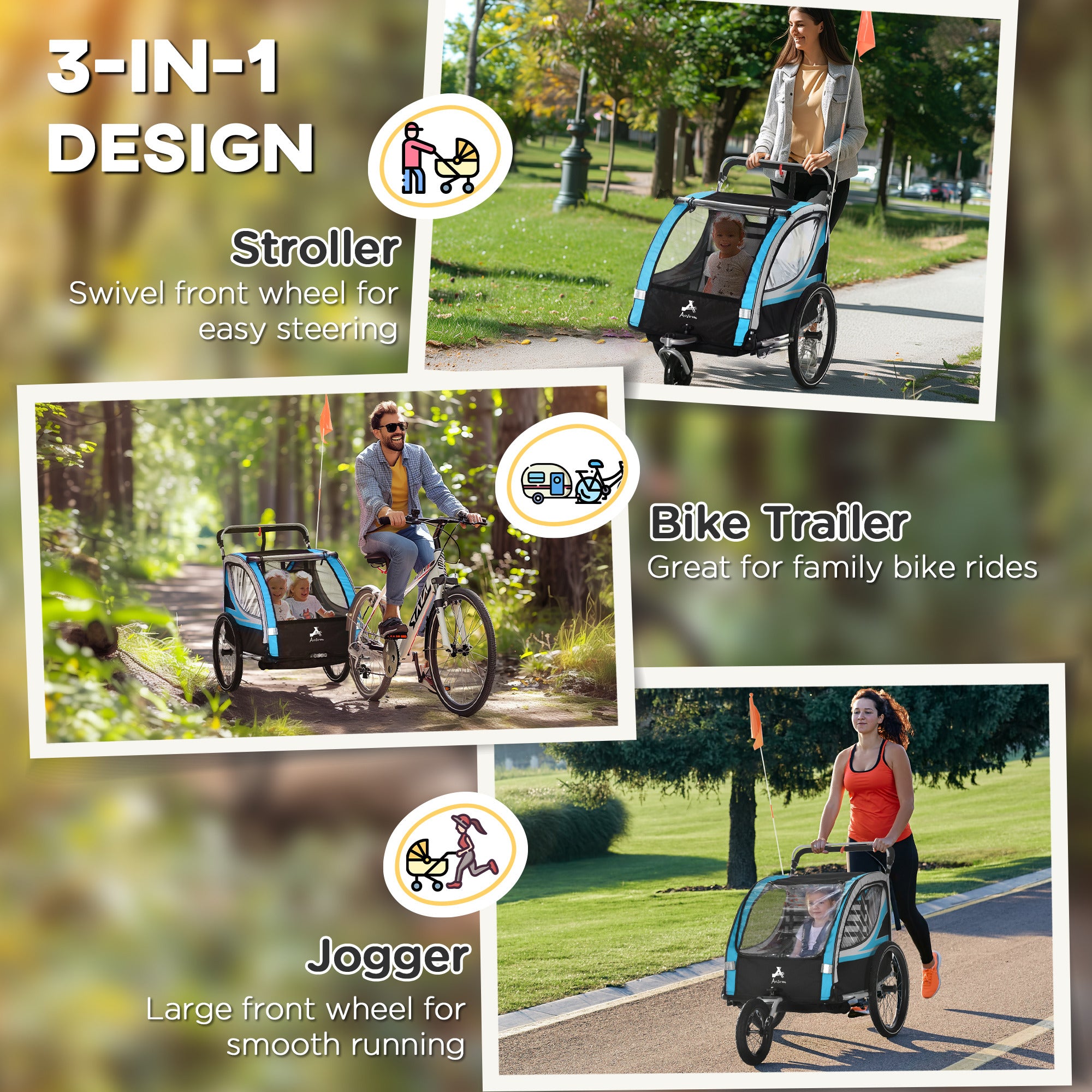 3-in-1 Bike Trailer for Kids, Running Stroller with 2 Seats, Jogging Cart with 5-Point Harness, Storage Units, Blue