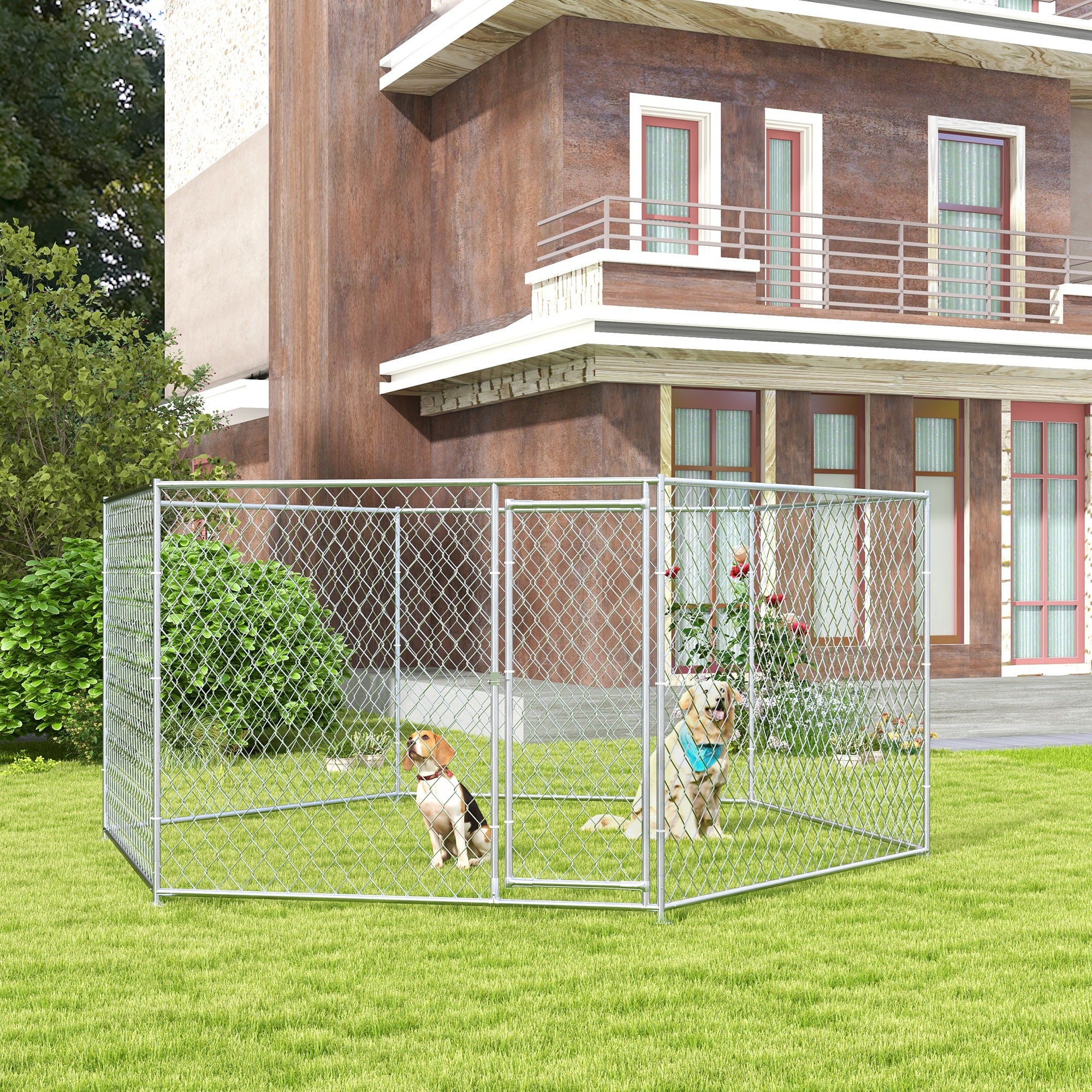 13.4' x 11.5' x 5.6' Dog Kennel Outdoor for Medium and Large-Sized Dogs with Lockable Door, Silver - Silver - Image 2