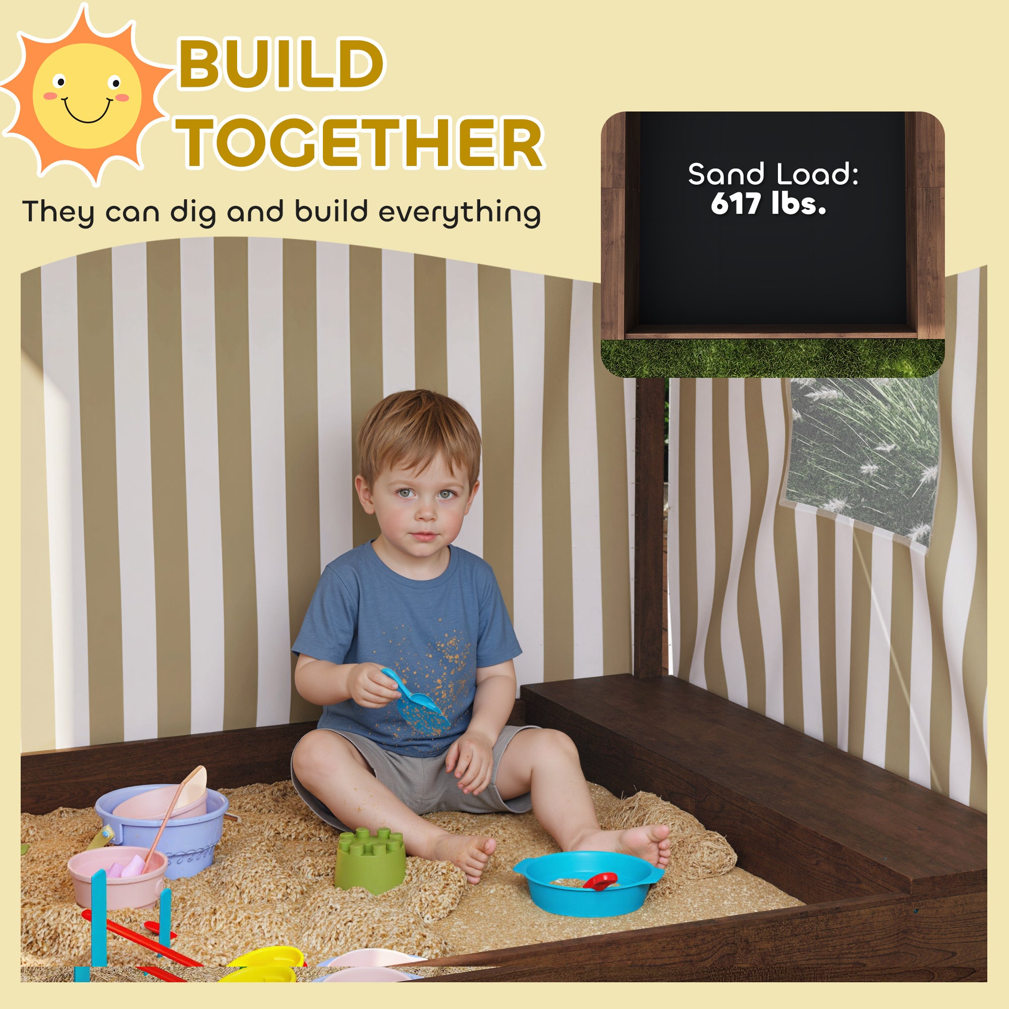 Kids Wooden Sandbox with Canopy Fully Covered, 2 Bench Seats, Bottom Liner, 56" x 40" x 52", Brown
