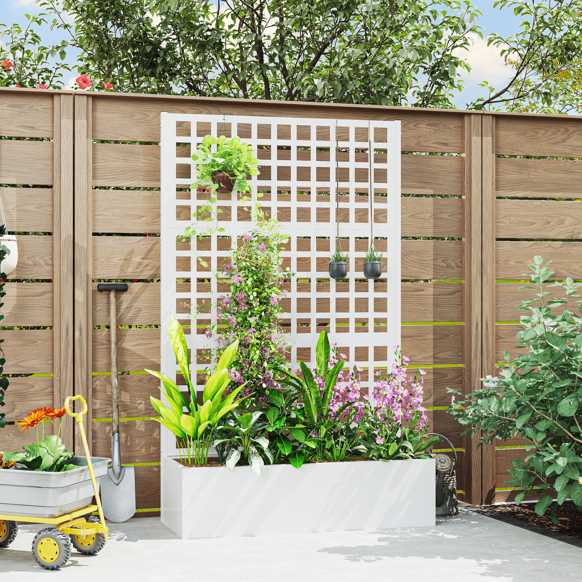 Galvanized Raised Garden Bed Planter Box with Trellis for Climbing Plants, Vegetable, Vines, 43" x 16" x 70", White - White - Image 2