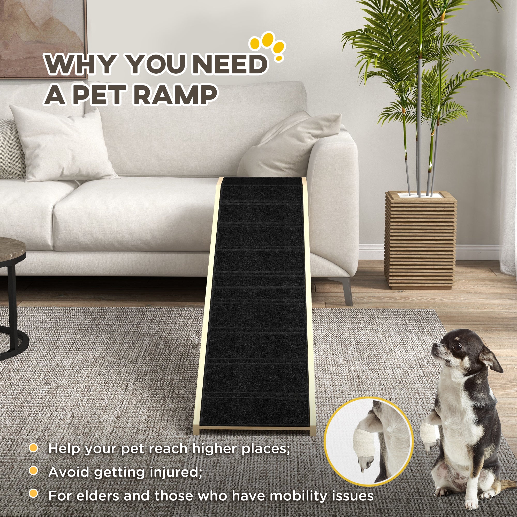 Dog Ramp for Bed, Pet Ramp for Dogs with Non-Slip Carpet and Top Platform, 74" x 16" x 25", Natural - Natural Wood - Image 5