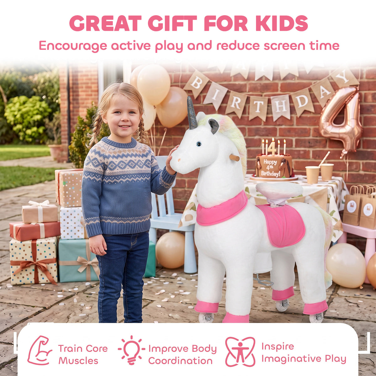 Unicorn Ride on Horse for Kids 4-12 Years, 37.4 Inch Height Plush Riding Pony with Rolling Wheels for Active Play, White