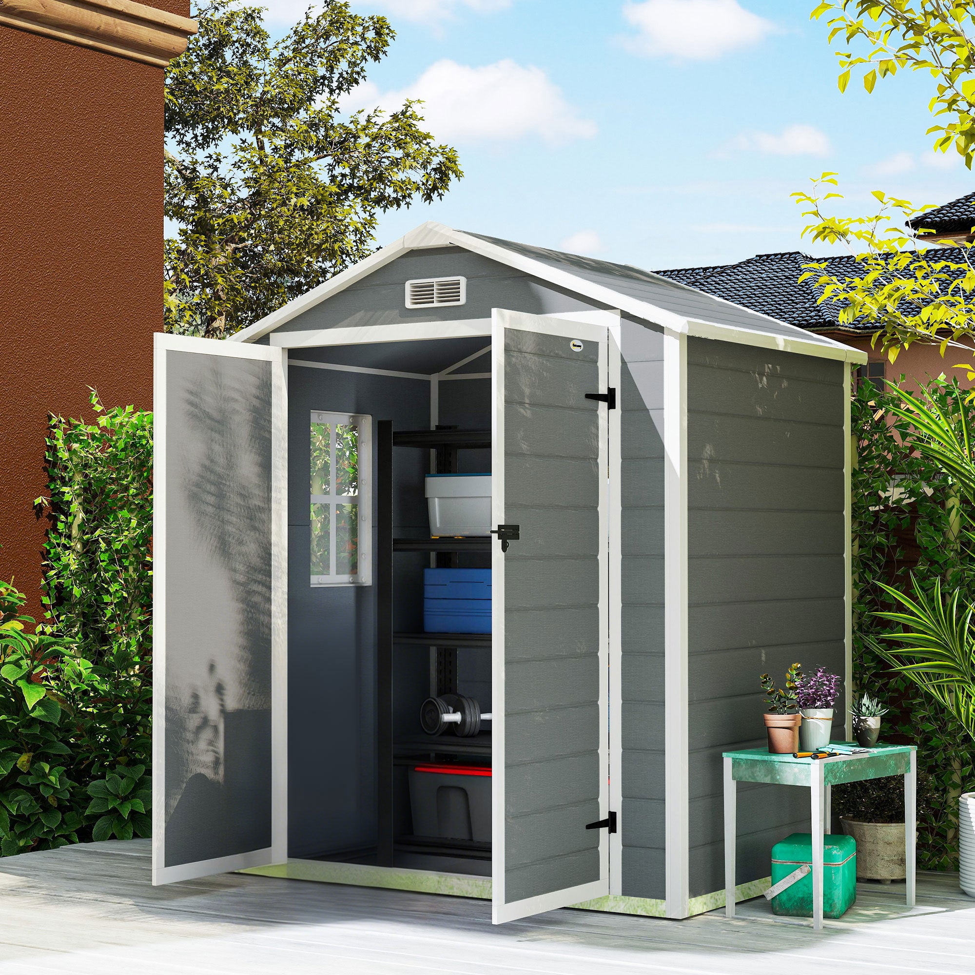 6x4.5 Outdoor Storage Shed, Lockable Tool Shed with Double Doors, Vent and Window for Garden, Cottage Style, Family Use, Gray - Gray - Image 2