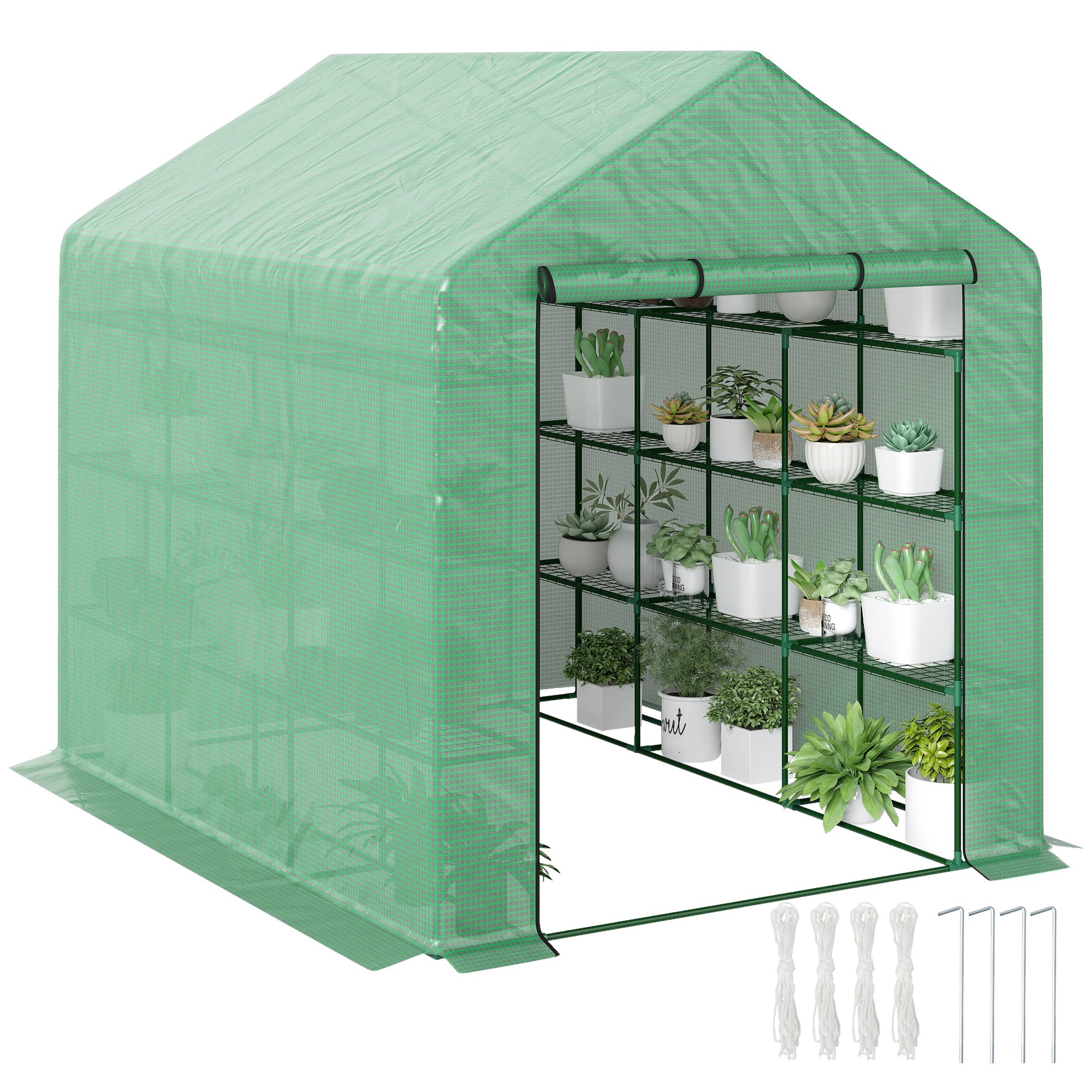 Outdoor Walk-in Greenhouse with Roll-up Zipper Door, 18 Shelves, PE Cover, 95.25" x 70.75" x 82.75", Green - Green