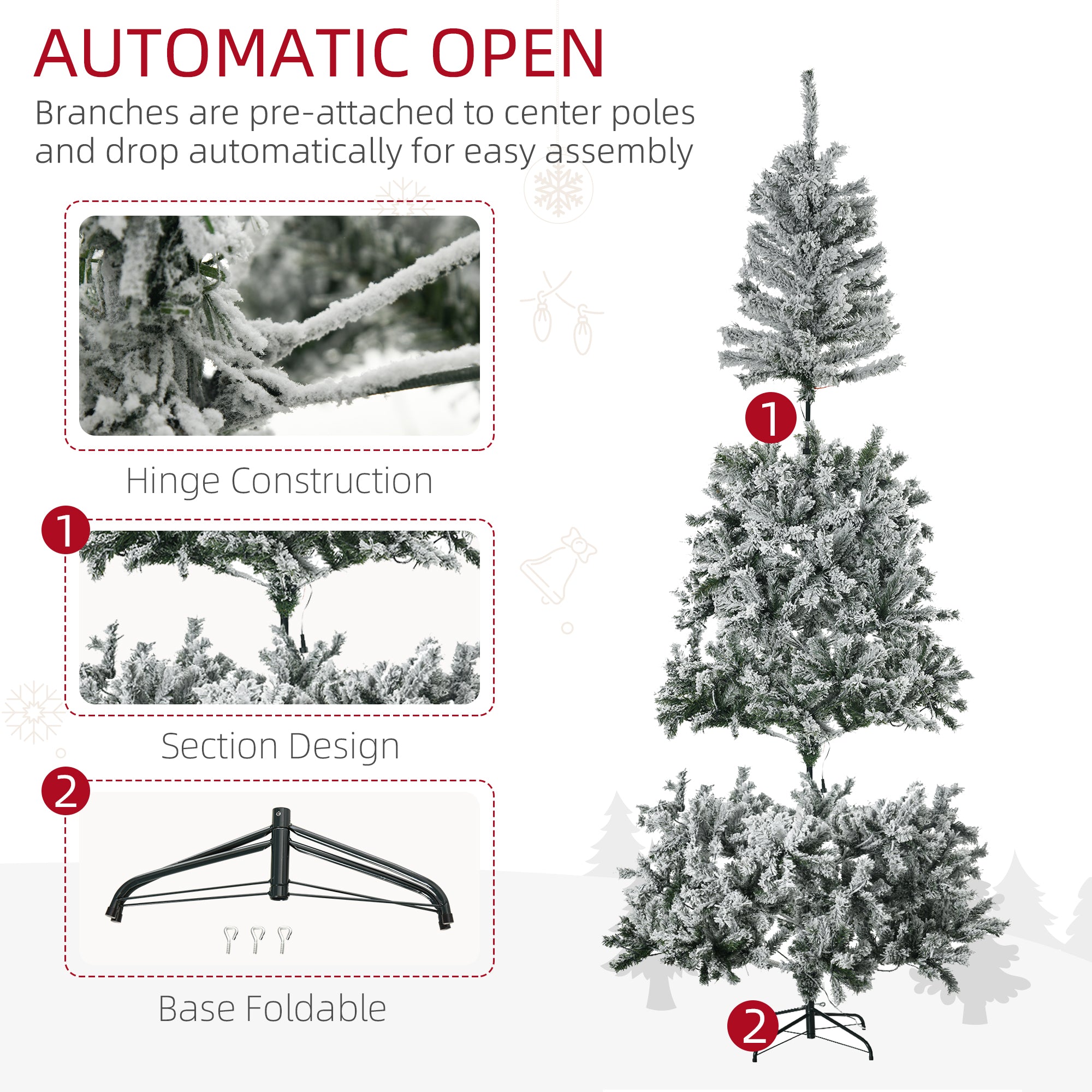 7.5' Prelit Artificial Flocked Christmas Trees, with Snow Frosted Branches, Cold White LED Lights, Auto Open