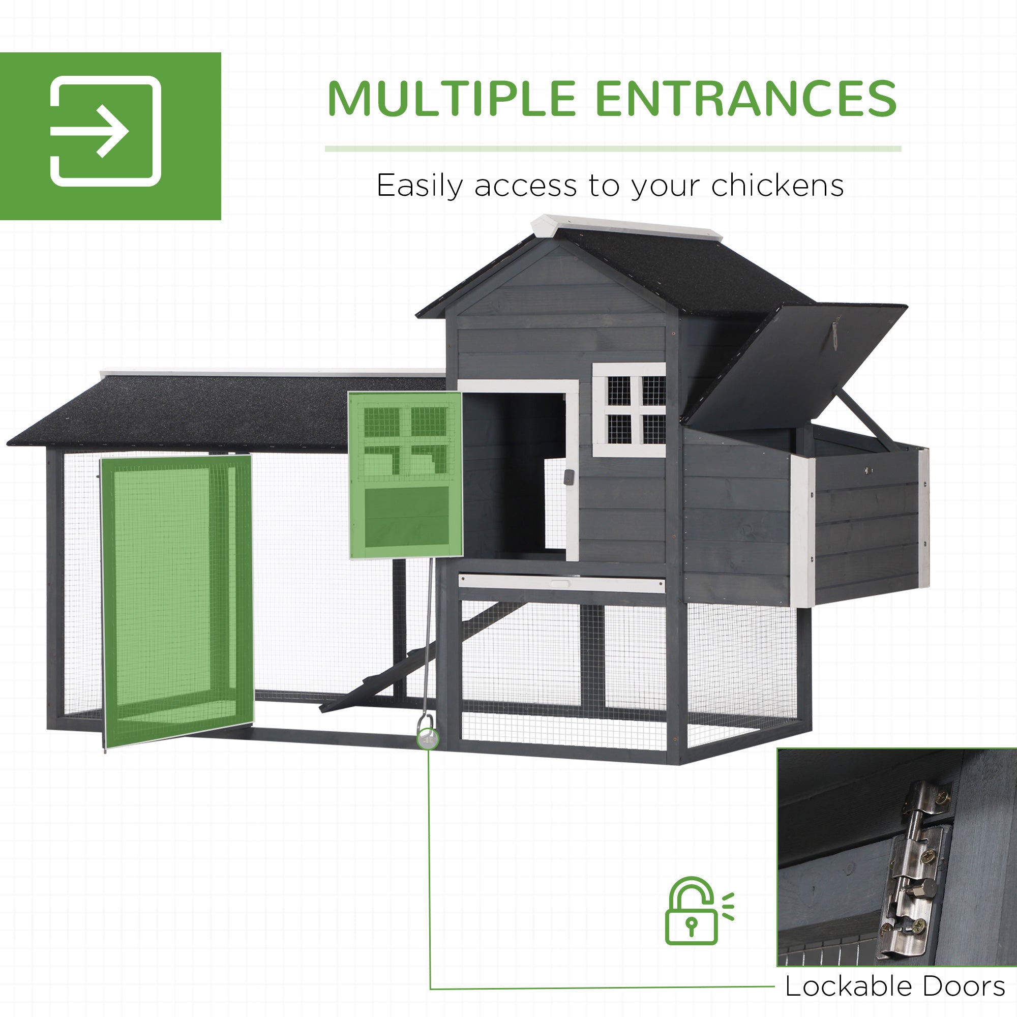 84" Wooden Chicken Coop, Hen House Outdoor with Run Nesting Box, Asphalt Roof, Removable Tray, Ramp, Poultry Cage for 2-3 Chickens, Gray - gray - Image 5
