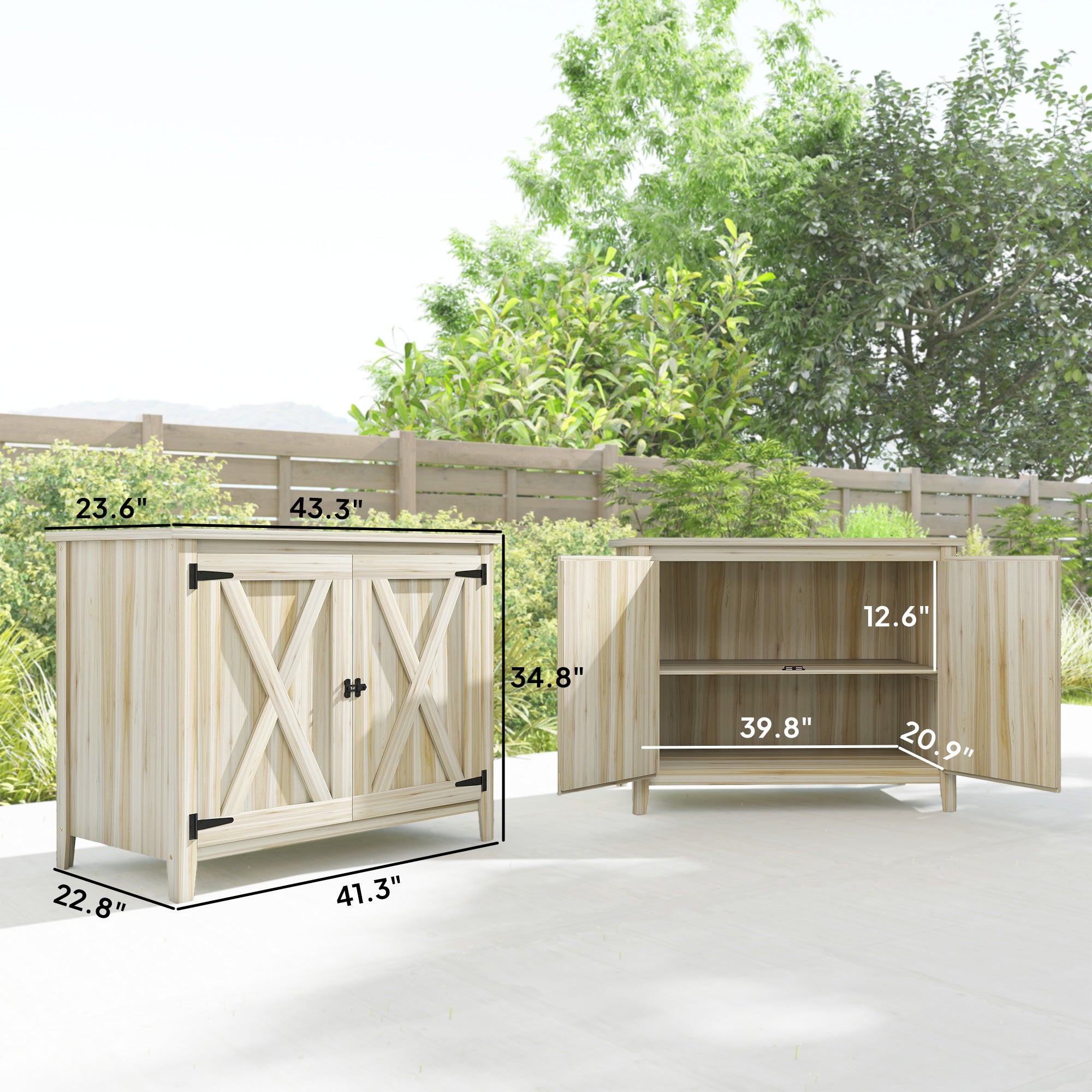 Wooden Outdoor Storage Cabinet, Garden Shed Potting Shed with Shelf and Double Doors, Natural Wood - Natural Wood - Image 3