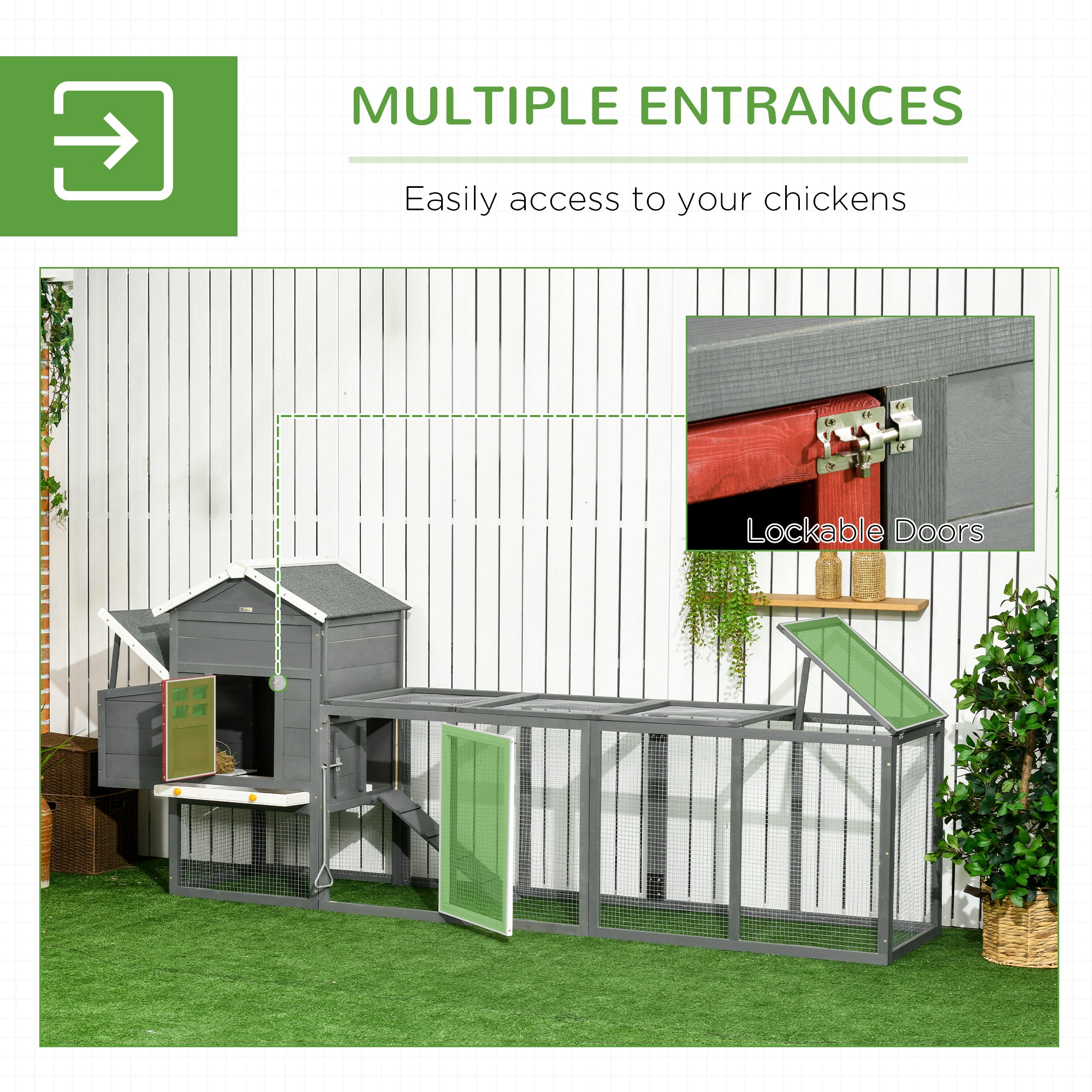 118" Extra Large Chicken Coop with Asphalt Roof, Wooden Hen Run with Slide-Out Tray and Nesting Box, Chicken Hutch for 3-6 Chickens, Gray - Gray - Image 5