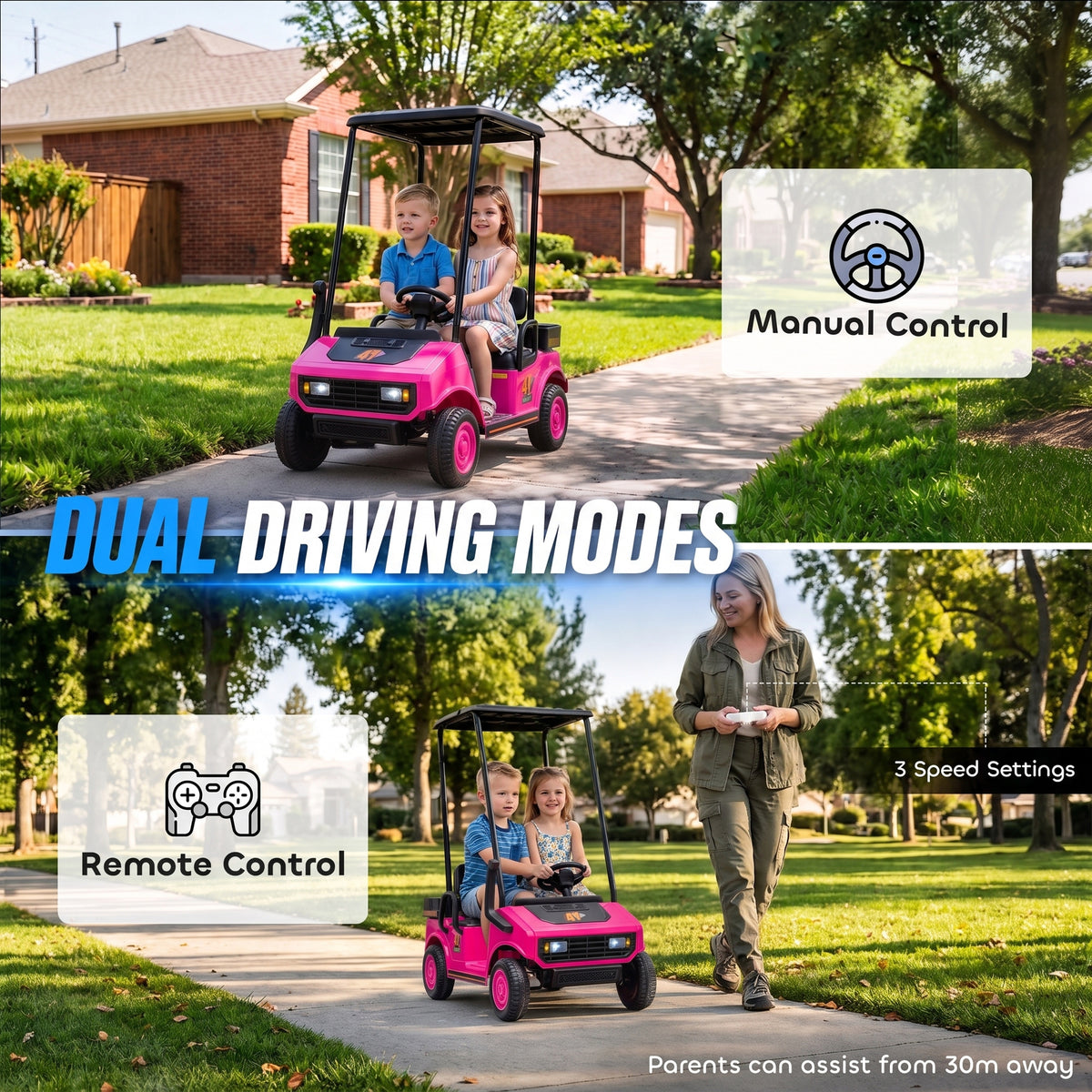 24V Kids Golf Cart 2WD 2-Seater with Remote, Soft Start, Rear Suspension, Sunshade, Storage, Gift for 3-6 Years, Pink