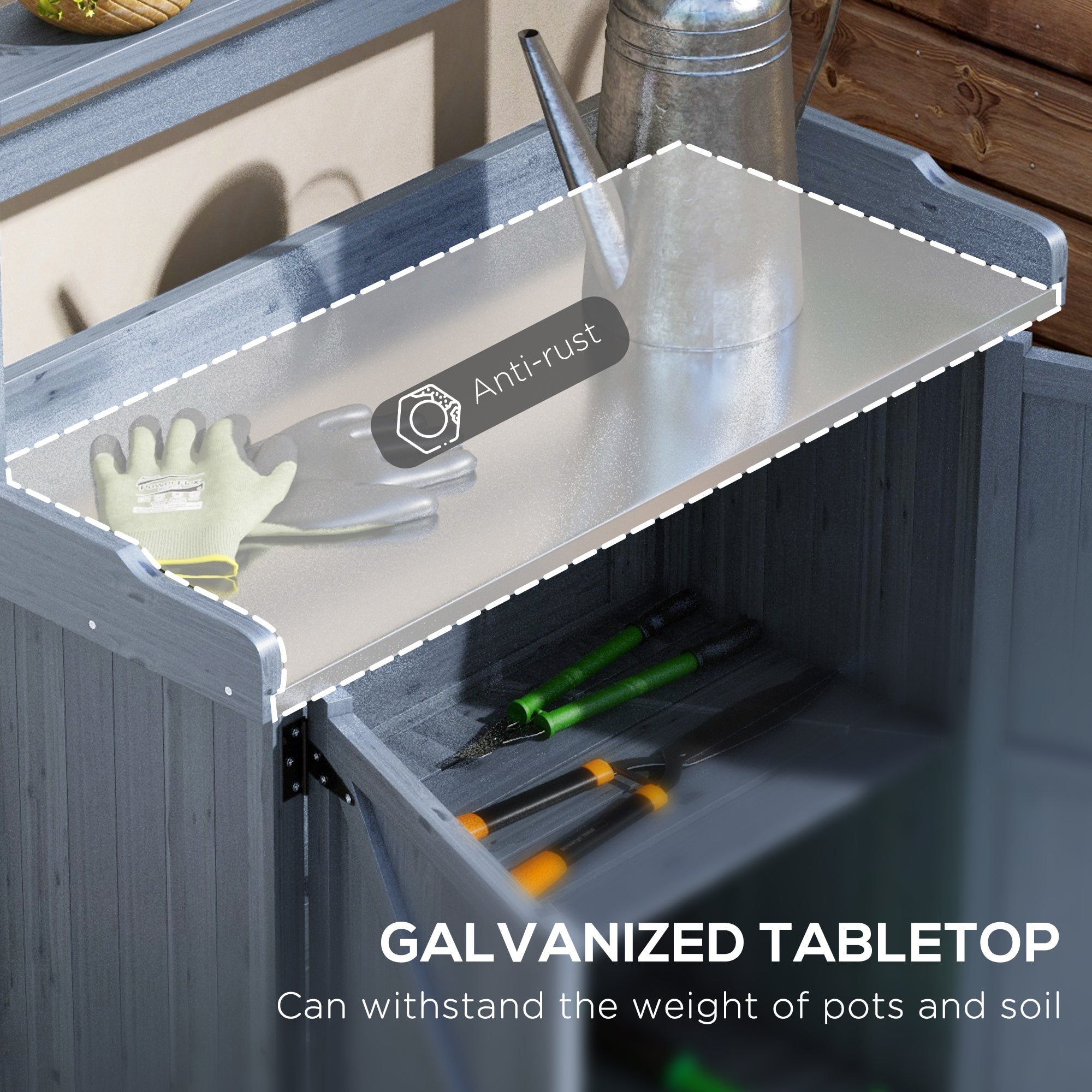 Outdoor Wooden Potting Bench with Storage Cabinet, Shelves, Galvanized Plated Tabletop for Backyard, Balcony, Gray - Gray - Image 4