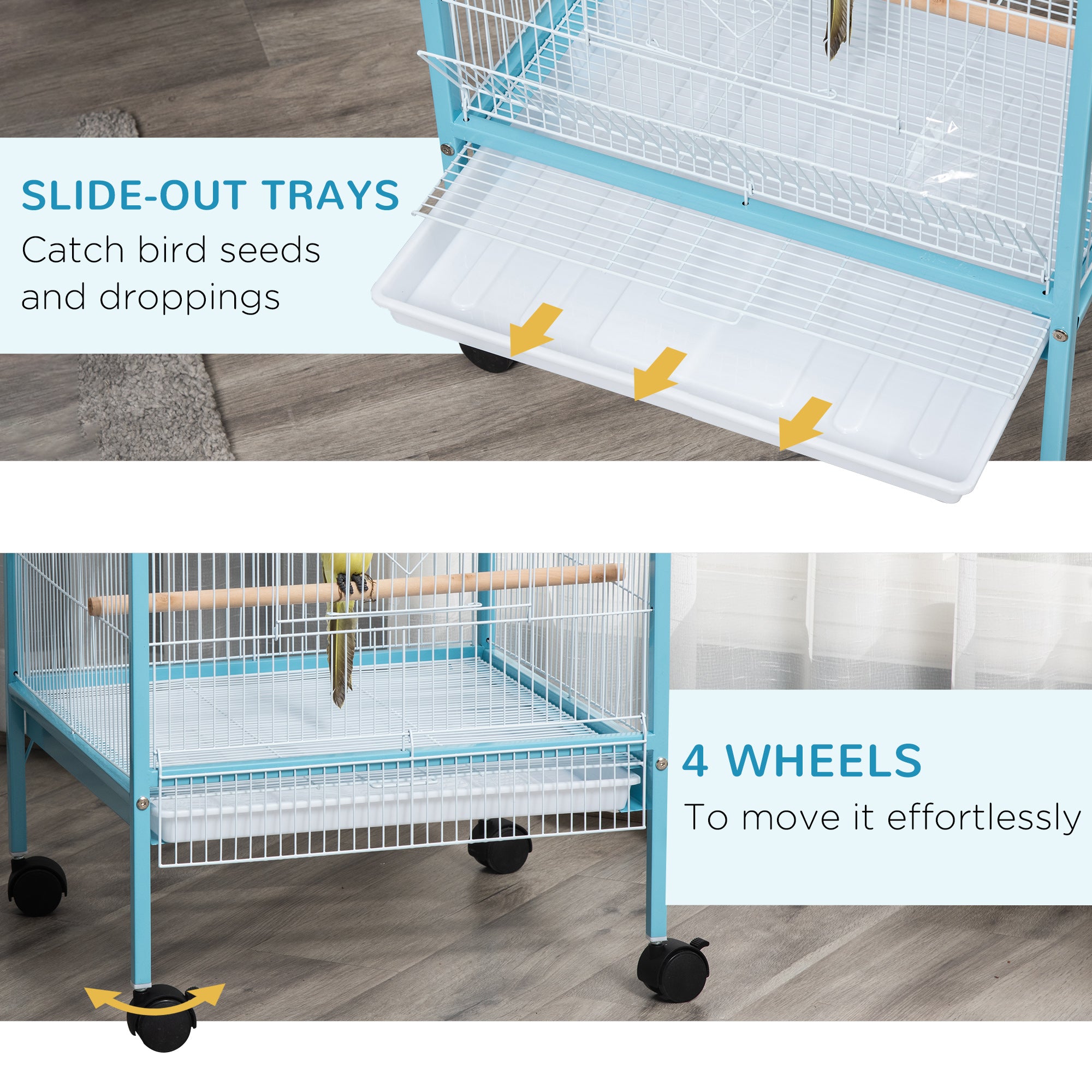 55" 2 In 1 Bird Cage Aviary Parakeet House for finches, budgies with Wheels, Light Blue - Light Blue - Image 6