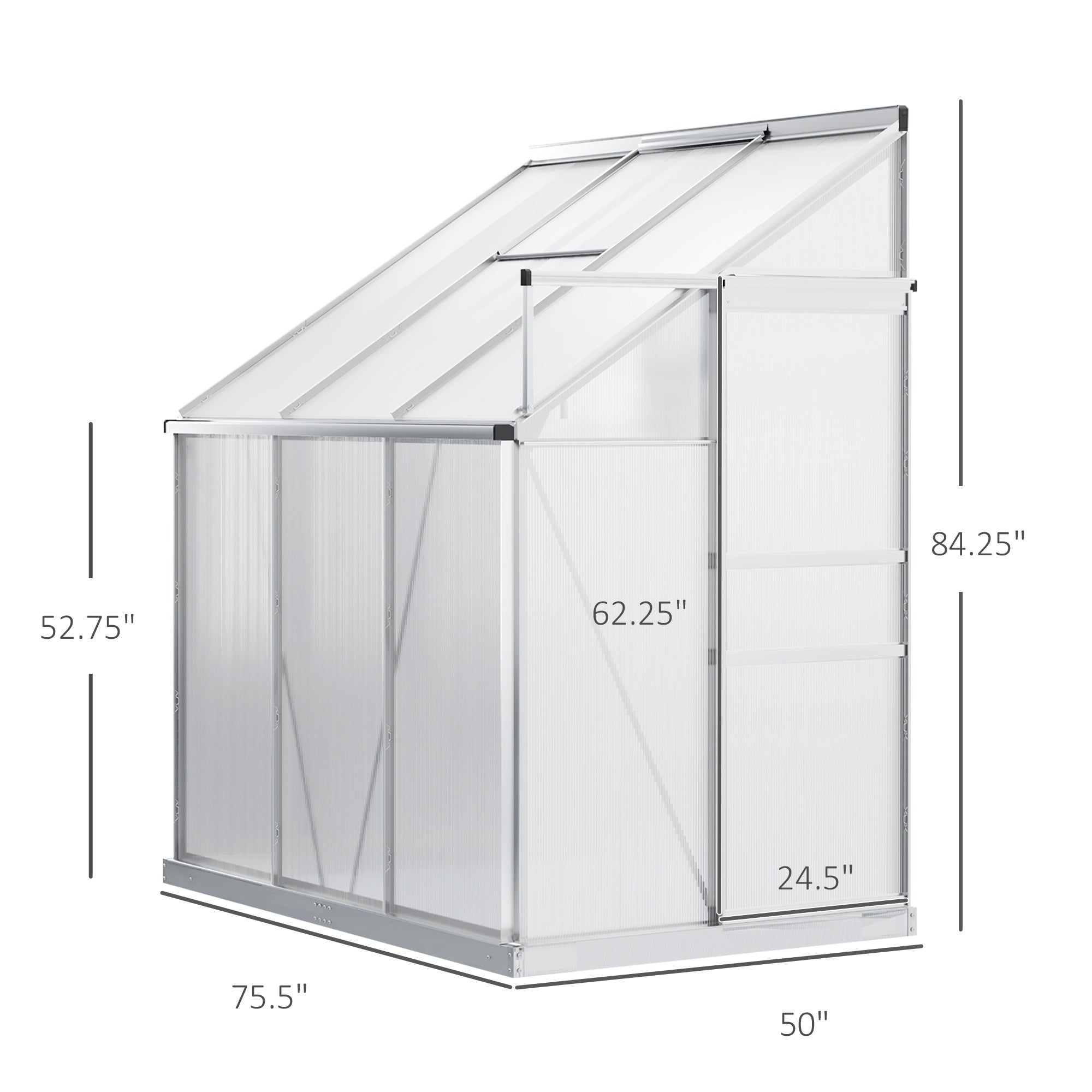 6' x 4' Aluminum Lean-to Greenhouse Polycarbonate Walk-in Garden Greenhouse with Adjustable Roof Vent, Rain Gutter and Sliding Door for Winter, Clear - Clear - Image 3