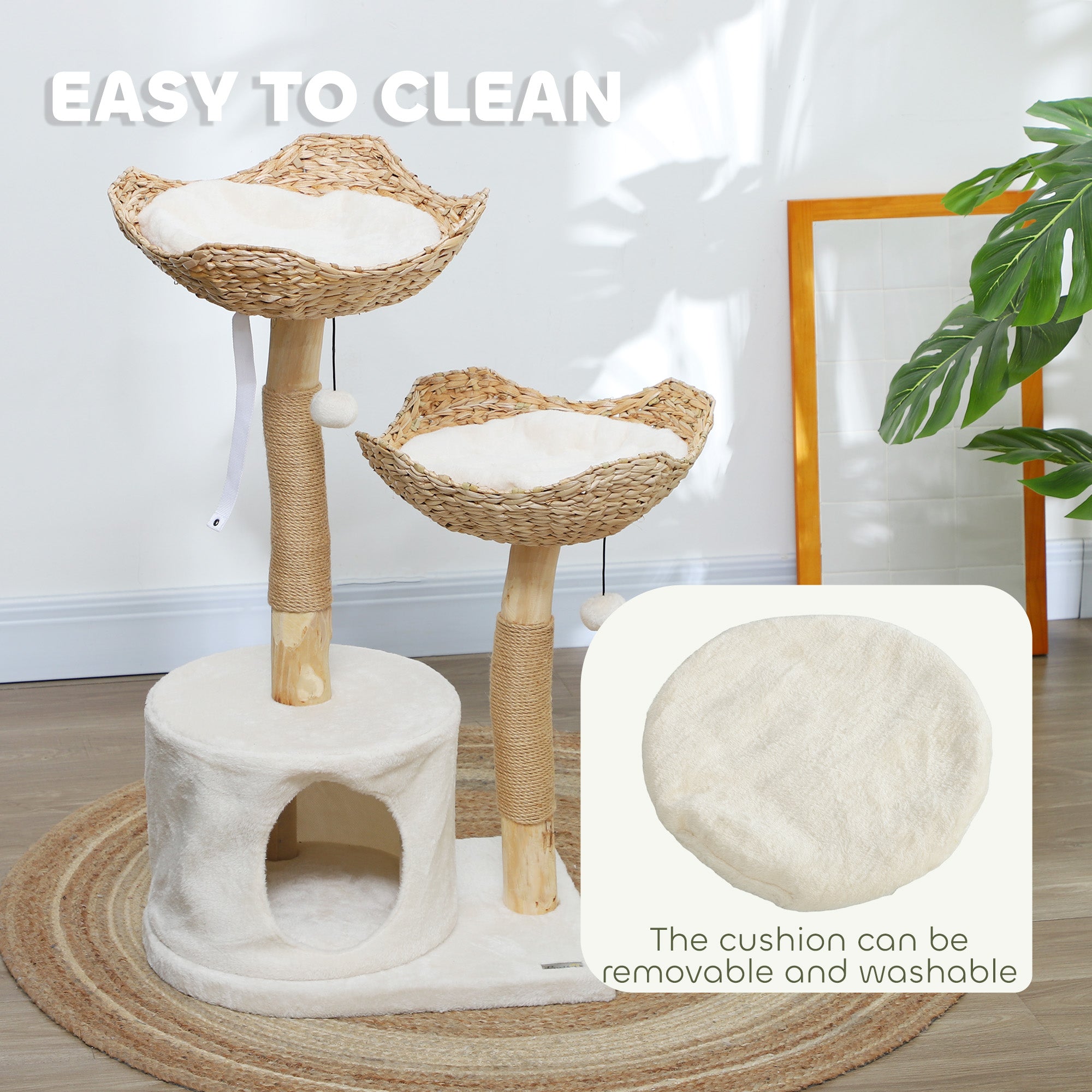 37 Inch Modern Cat Tree w/ Wooden Scratching Posts, Condo, Beds, Cushions, Toy Balls & Anti-Tip Kit - Cream White - Image 6
