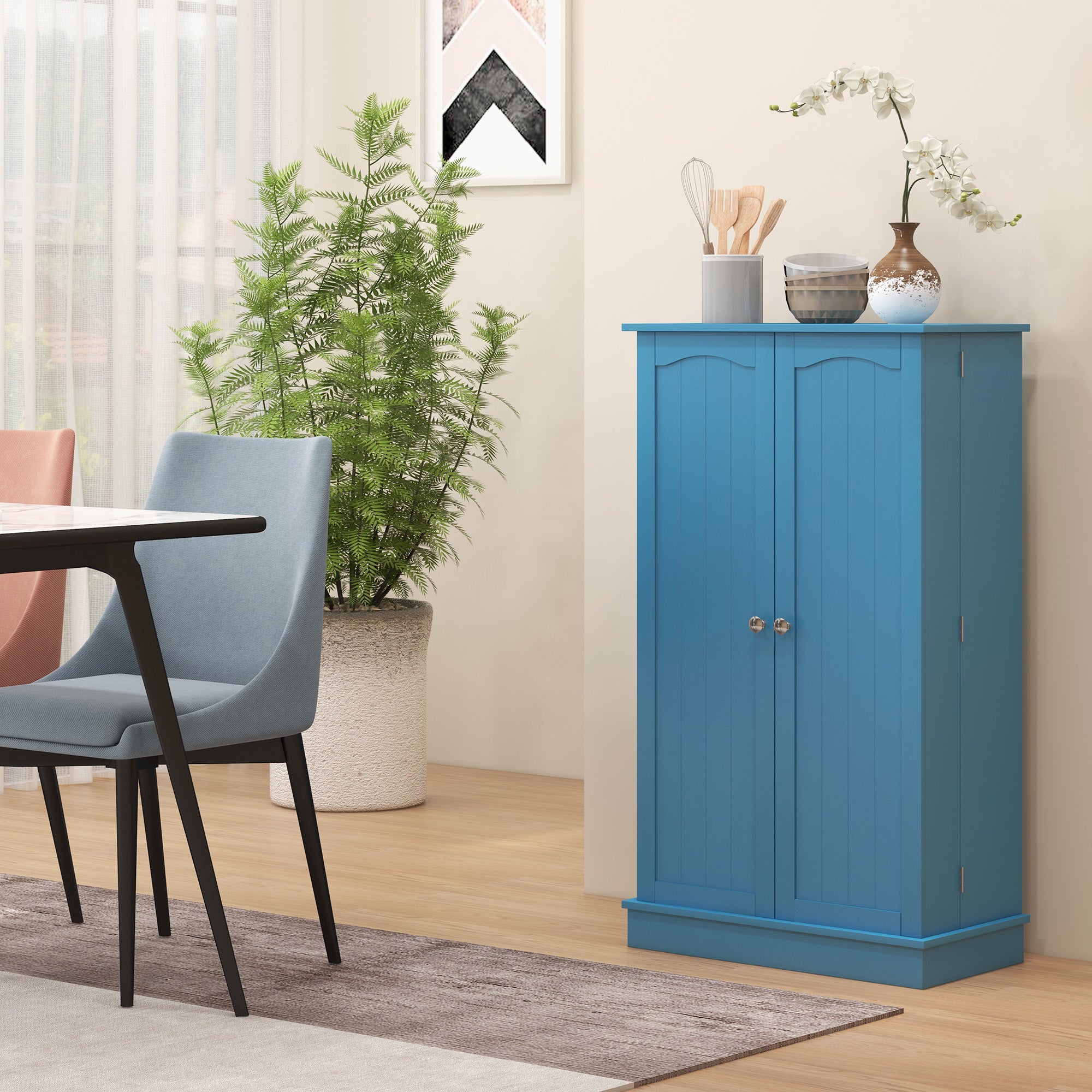 Freestanding Kitchen Pantry Cabinet, Kitchen Cabinet with 12 Door Shelves, Double Doors, 5-tier Shelving, Blue