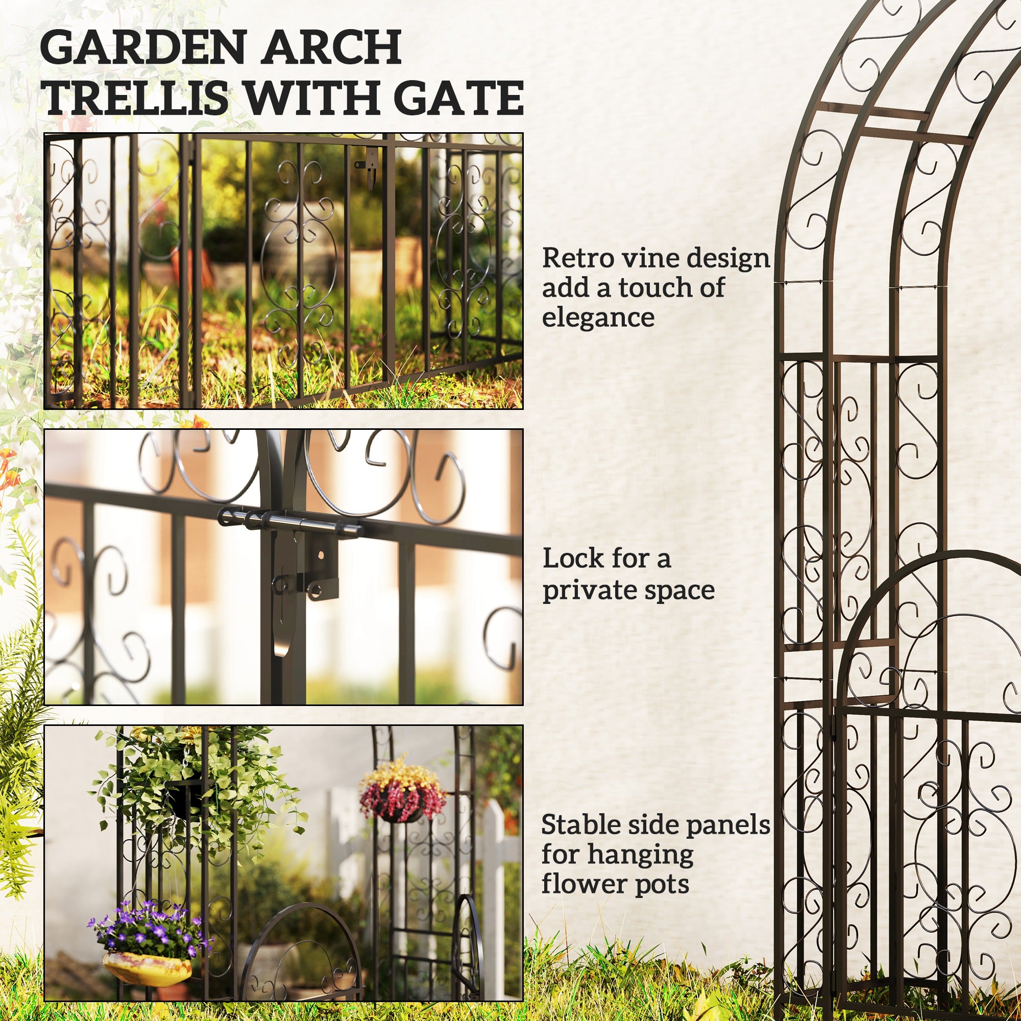 7.4ft Steel Garden Arch with Gate, Garden Arbor Trellis for Climbing Plants, Roses, Vines, Wedding Arch Stand for Outdoor, Garden, Lawn, Backyard, Black - Black - Image 4