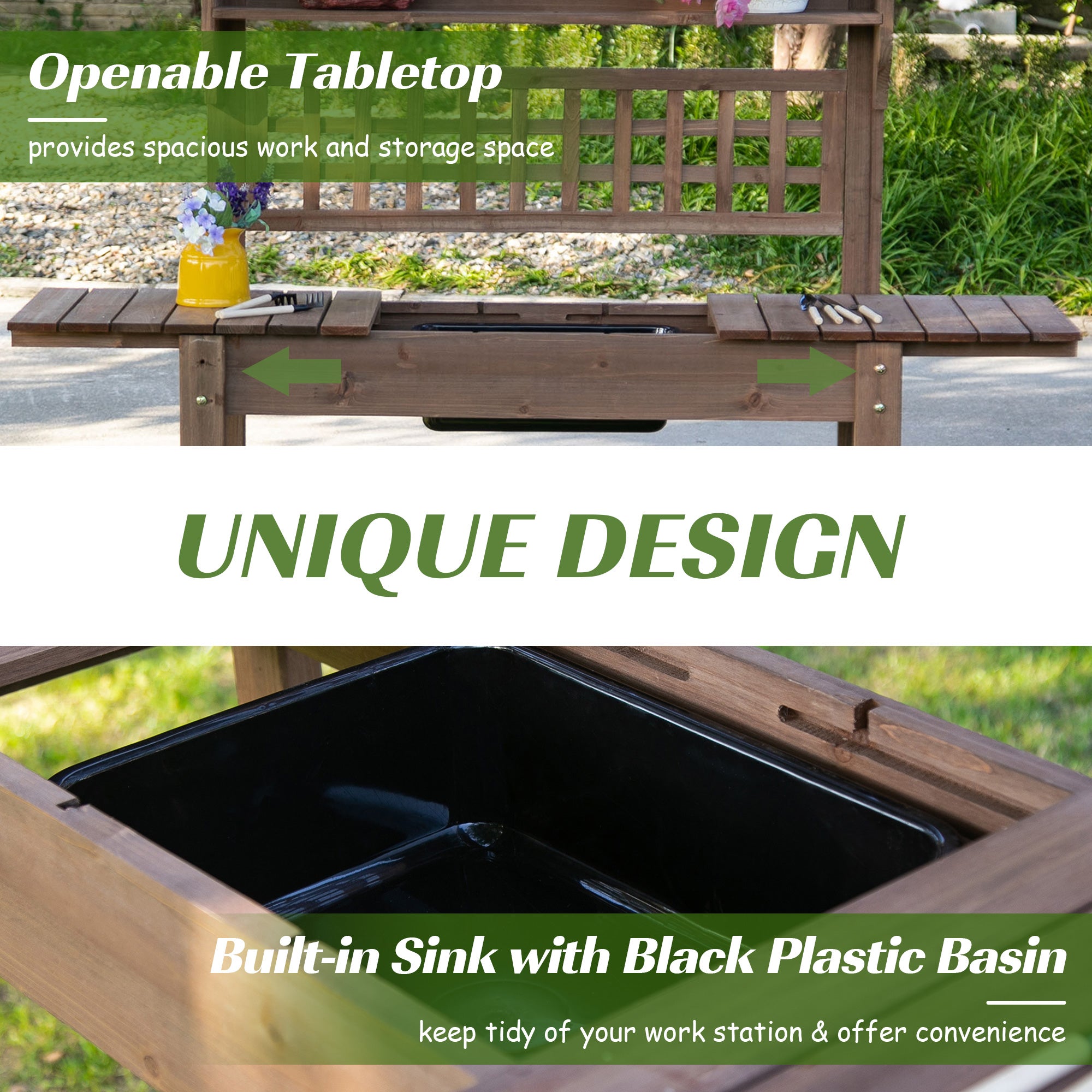 Outdoor Potting Bench Table, Wooden Workstation with Sliding Tabletop, Storage Shelf and Dry Sink, for Greenhouse, Garden, Patio, Brown - Brown - Image 5