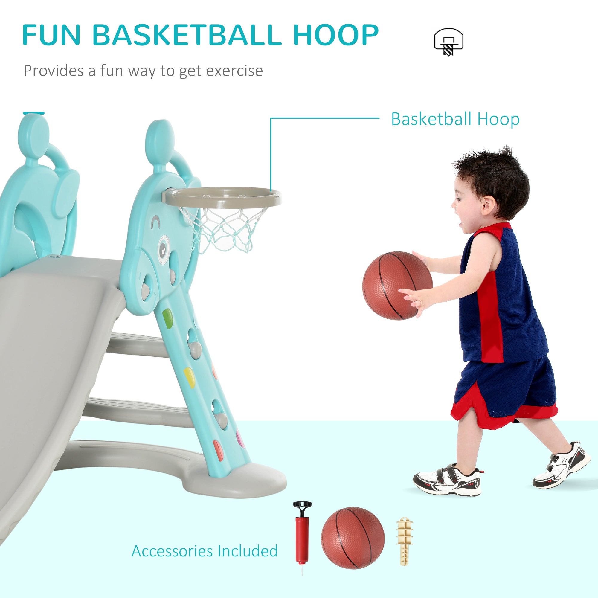 2 in 1 Kids Slide with Basketball Hoop, Foldable Toddler Freestanding Slider Playset, for 18 months -4 Years Deer Shaped, Includes Basketball, Pump - Blue