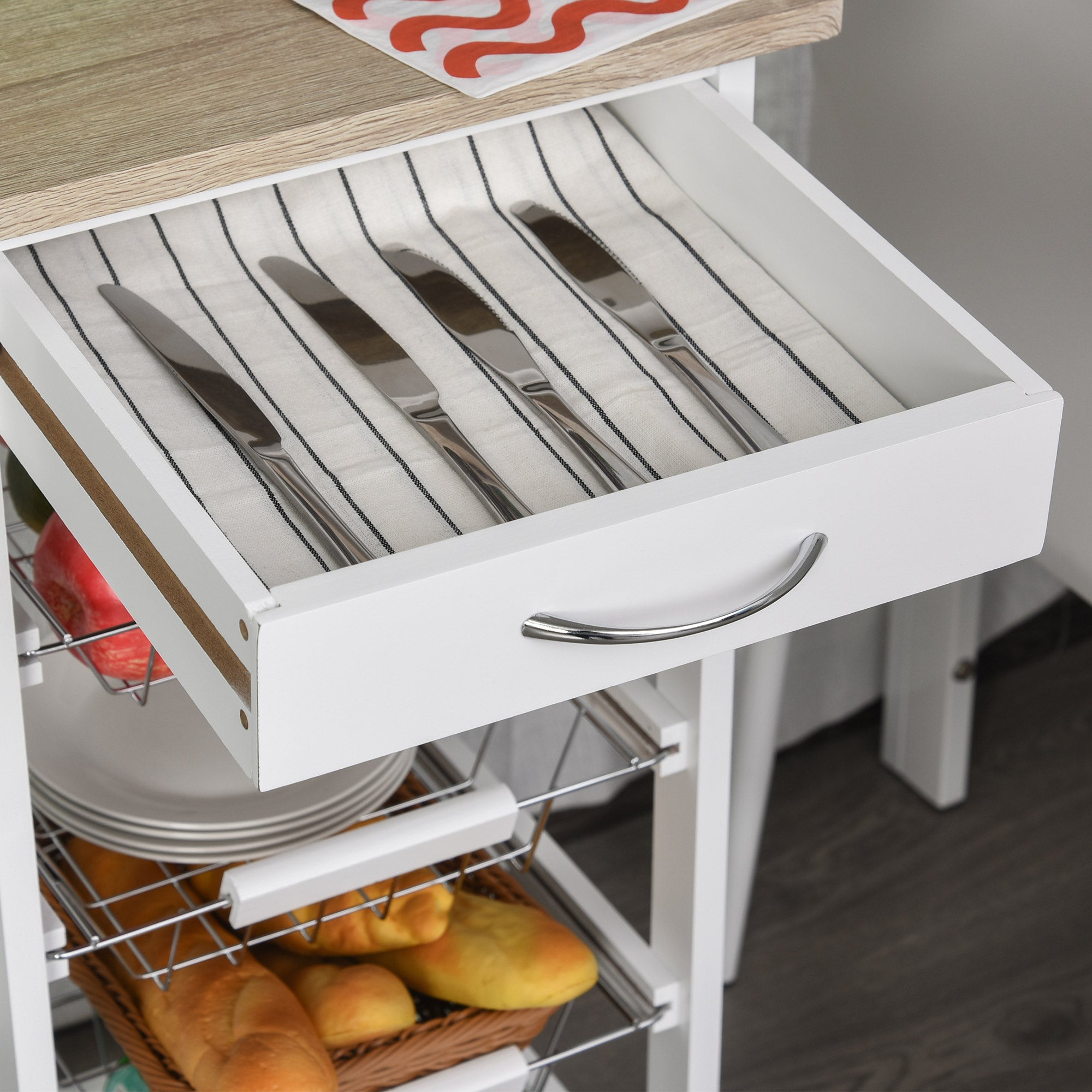 Mobile Kitchen Cart, Rolling Kitchen Island with Storage, Solid Wood Frame Utility Cart with Wire Fruit Baskets and Drawer, White