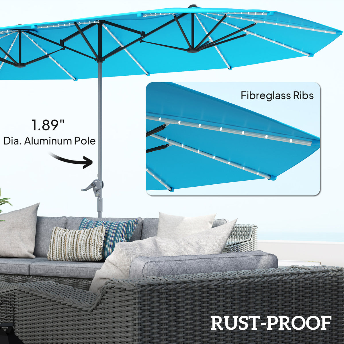 15ft Double-Sided Outdoor Umbrella with Solar Lights, UPF50+ Extra Large Aluminum Patio Umbrella with Crank, Blue