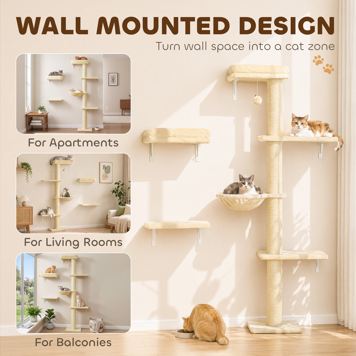Cat Wall Shelves, 3-in-1 Cat Wall Furniture Set with Scratching Post for Indoor Kittens Climbing Sleeping, Beige