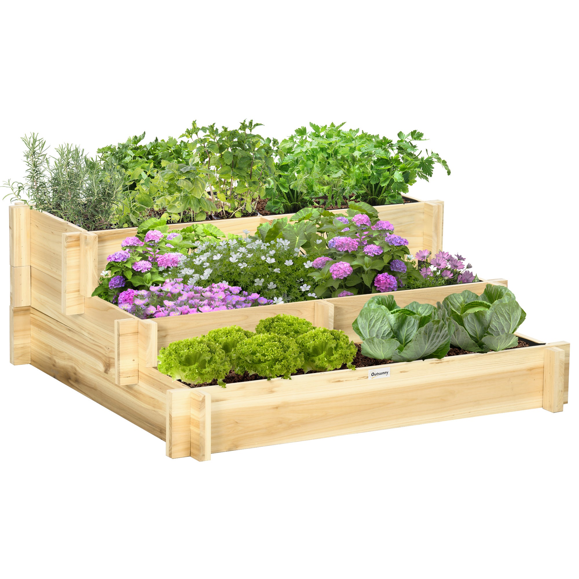 3 Tier Raised Garden Bed, Water Draining Fabric for Soil, Elevated Wood Flower Box for Vegetables, Herbs, Natural - Natural Wood