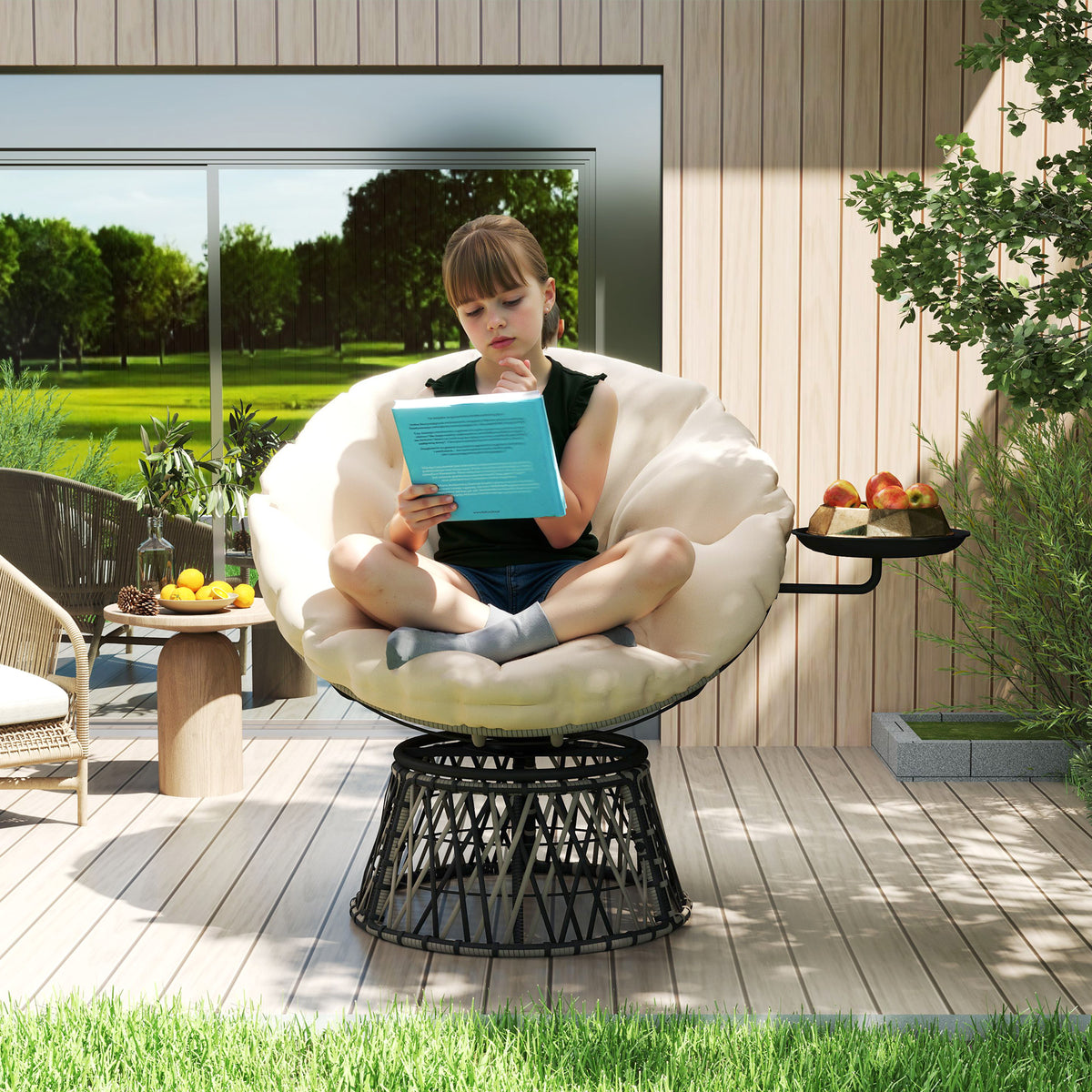 360° Swivel Outdoor Papasan Chair, 39" Overstuffed Circle Chair with Side Tray, Thick Cushion for Indoor Patio, Beige