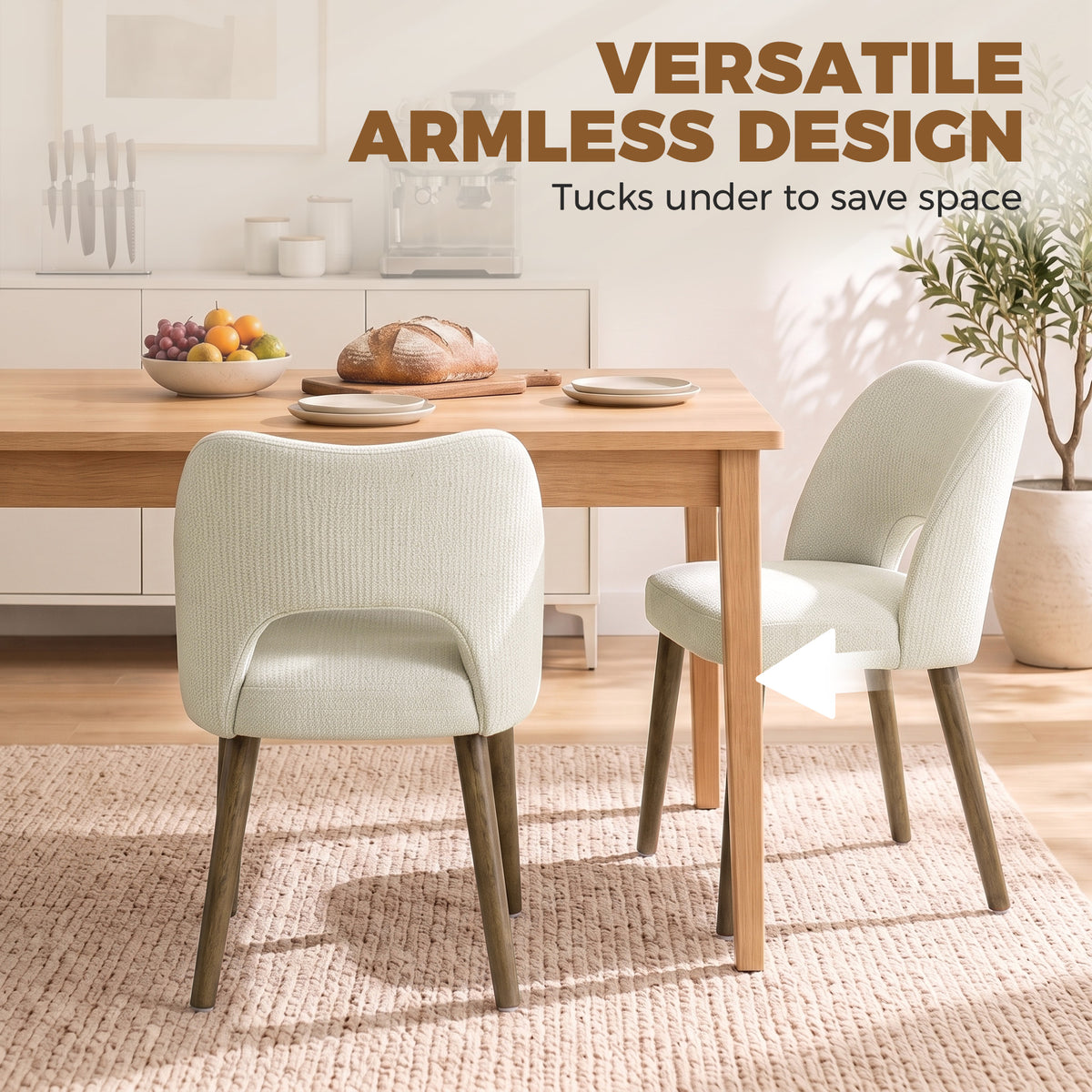 Dining Chairs Set Upholstered Kitchen Chenille Tool Free Assembly Rubberwood Legs, Cream White