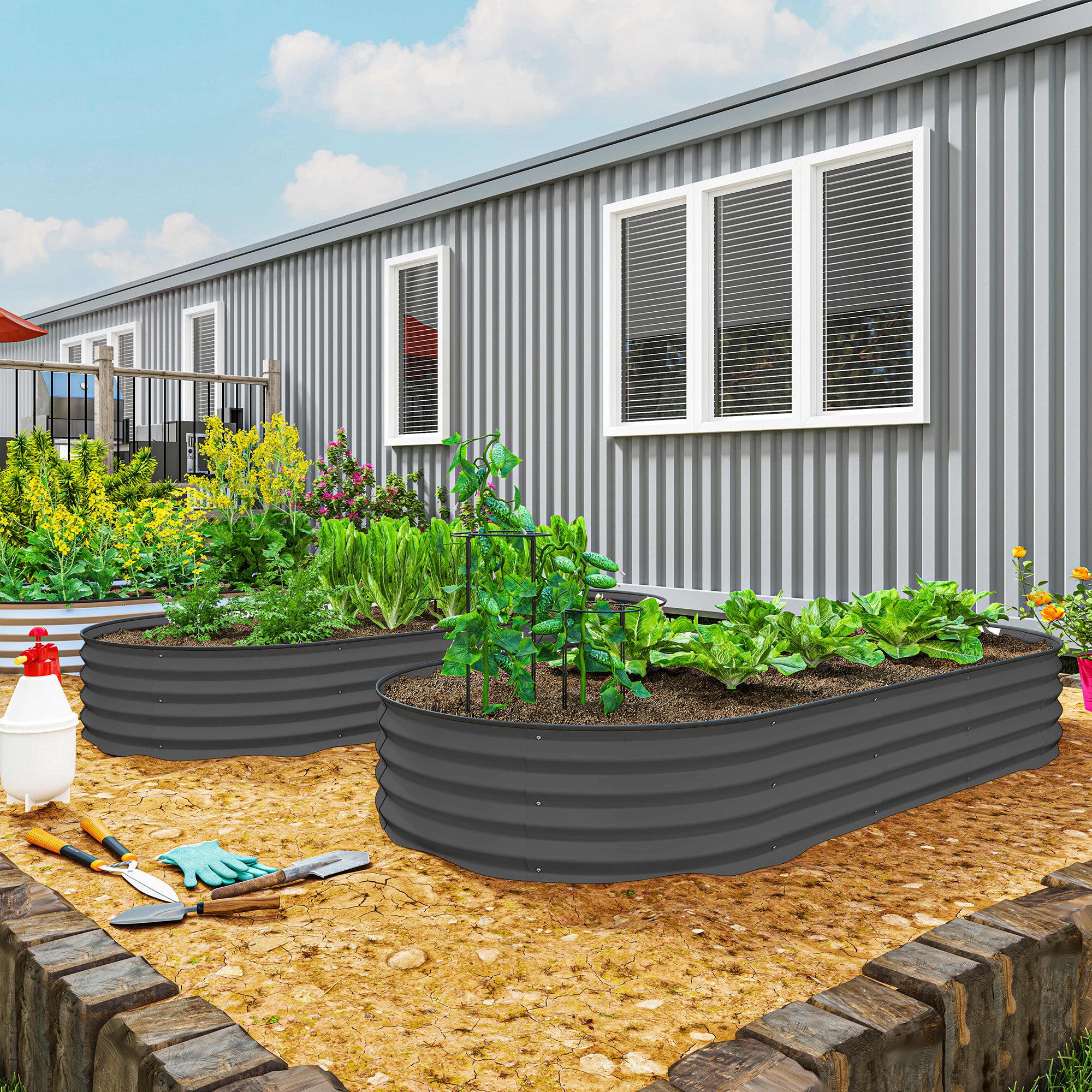 7' x 3' x 1' Raised Garden Bed Set, 2PCS Raised Beds for Gardening with Metal Plant Stakes, Dark Gray - Dark Gray - Image 2